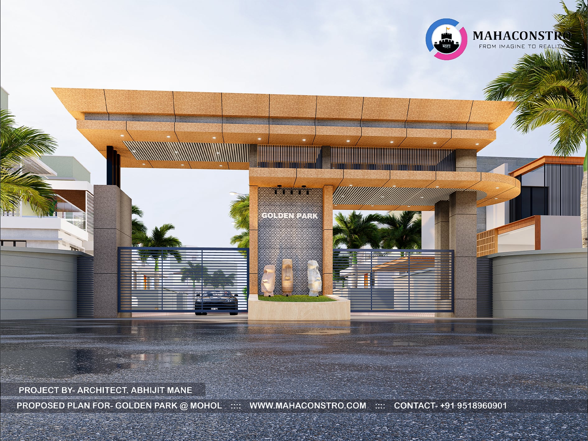 Contemporary luxury plotting entrance gateway at Golden Park in Mohol, Solapur, designed by Mahaconstro Architects