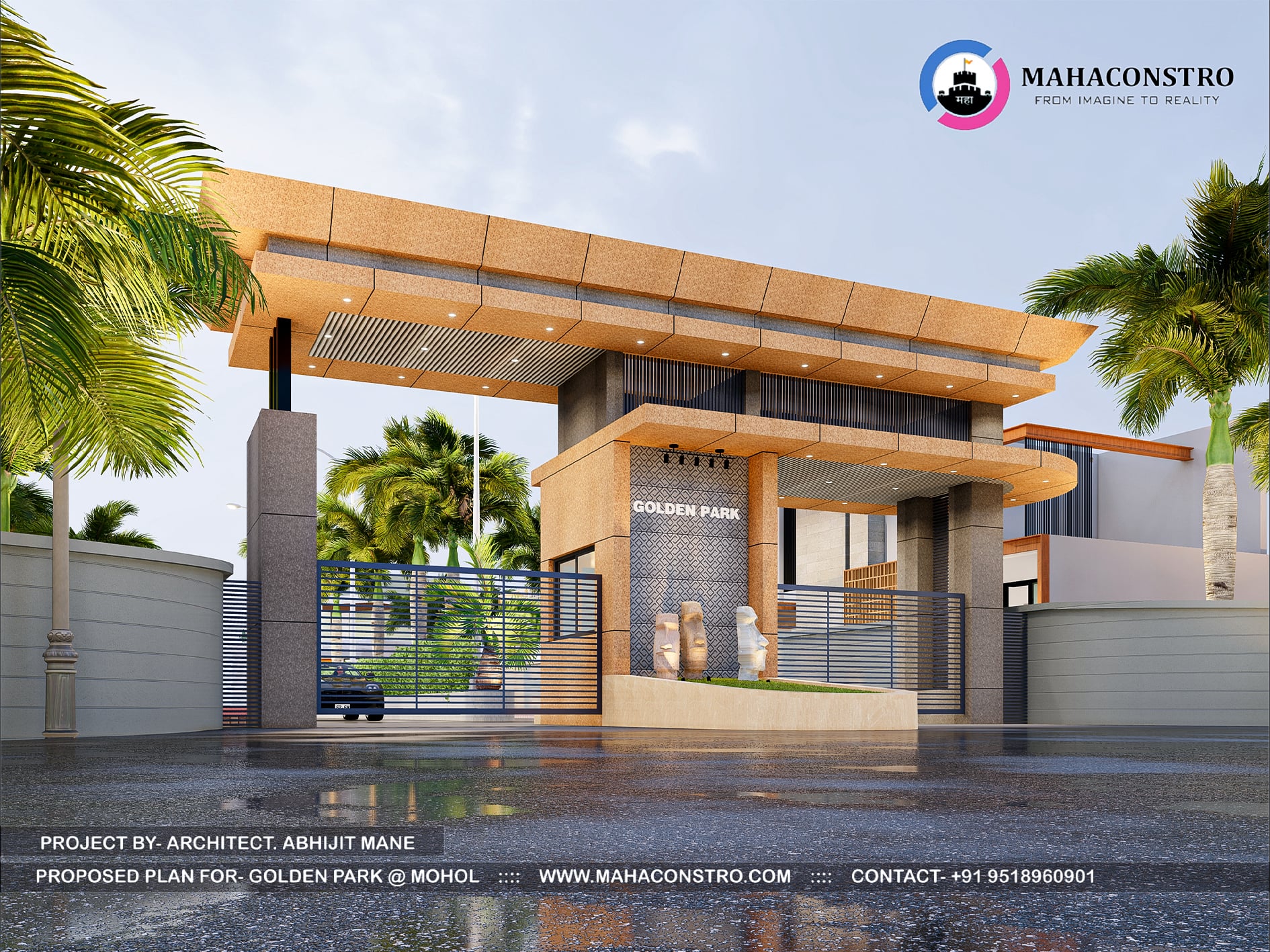 Contemporary luxury plotting entrance gateway at Golden Park in Mohol, Solapur, designed by Mahaconstro Architects