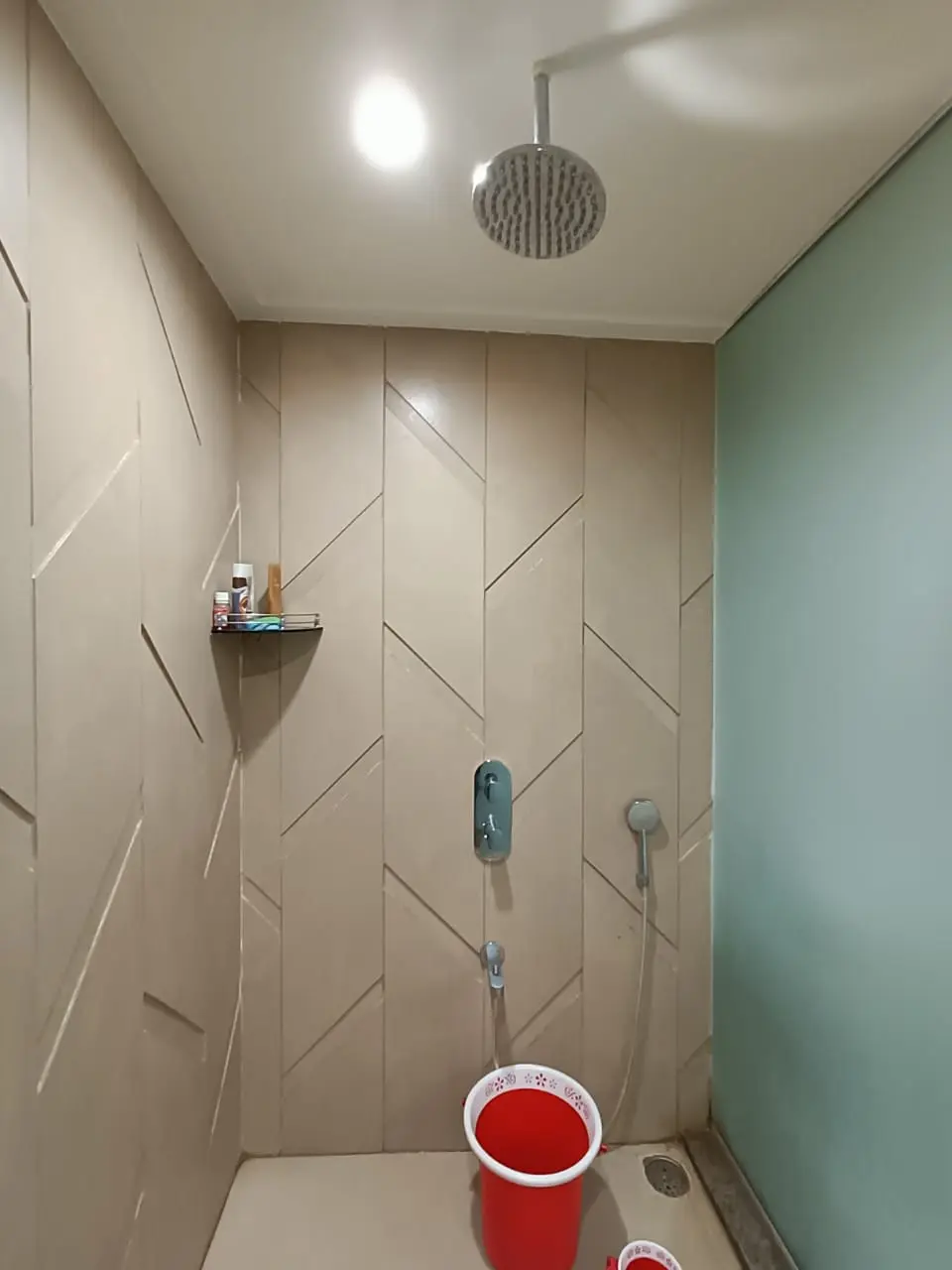 a bathroom with a shower  showing best interior desgn pune