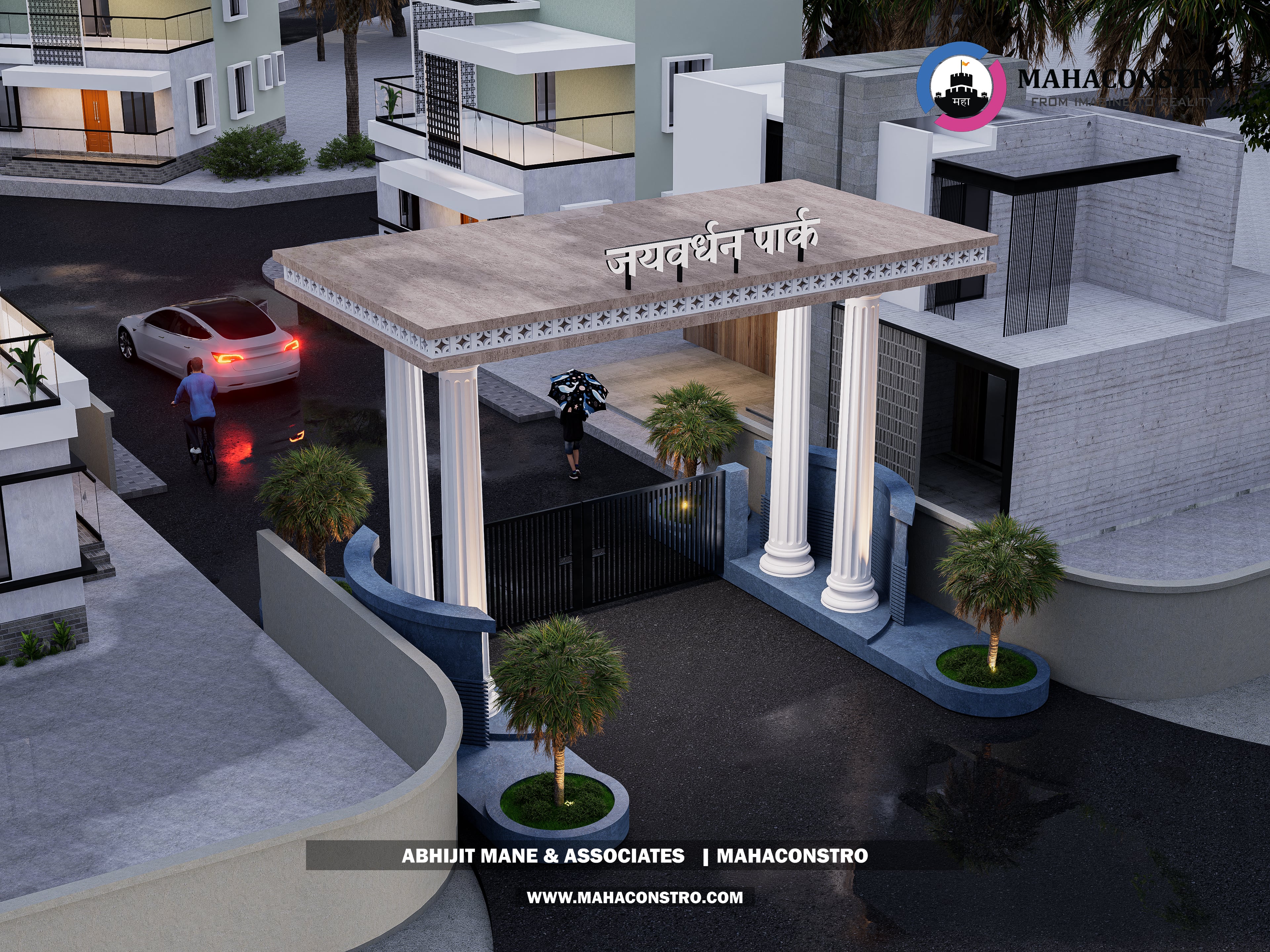 Luxury plotting entrance gateway with classical columns at Jayvardhan Park, a 12-acre development in Tembhurni, Solapur, designed by Mahaconstro Architects