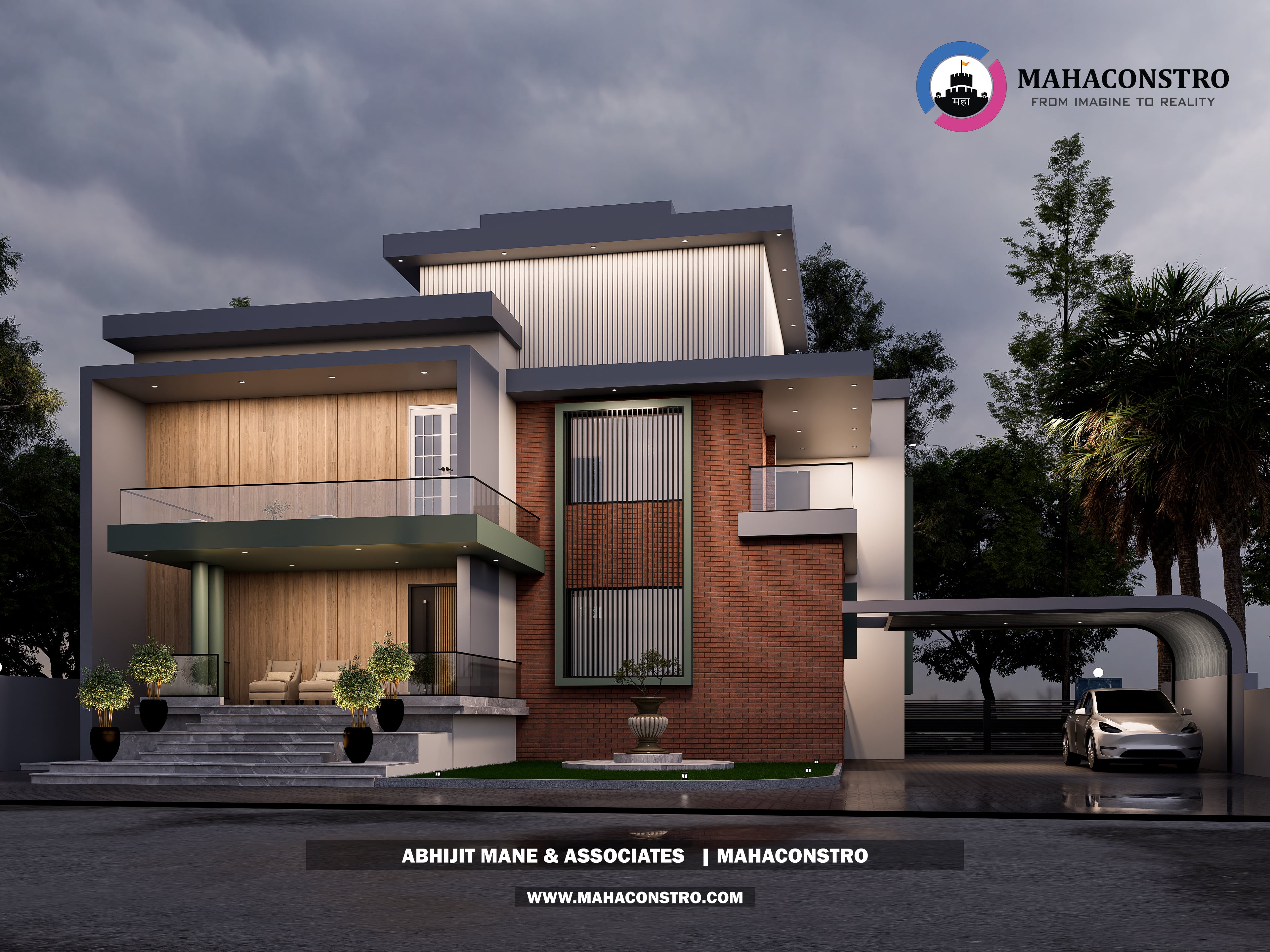 Contemporary luxury bungalow with brick detailing, wood-textured finishes, and a covered car porch in Kandar, Solapur, designed by Mahaconstro Architects