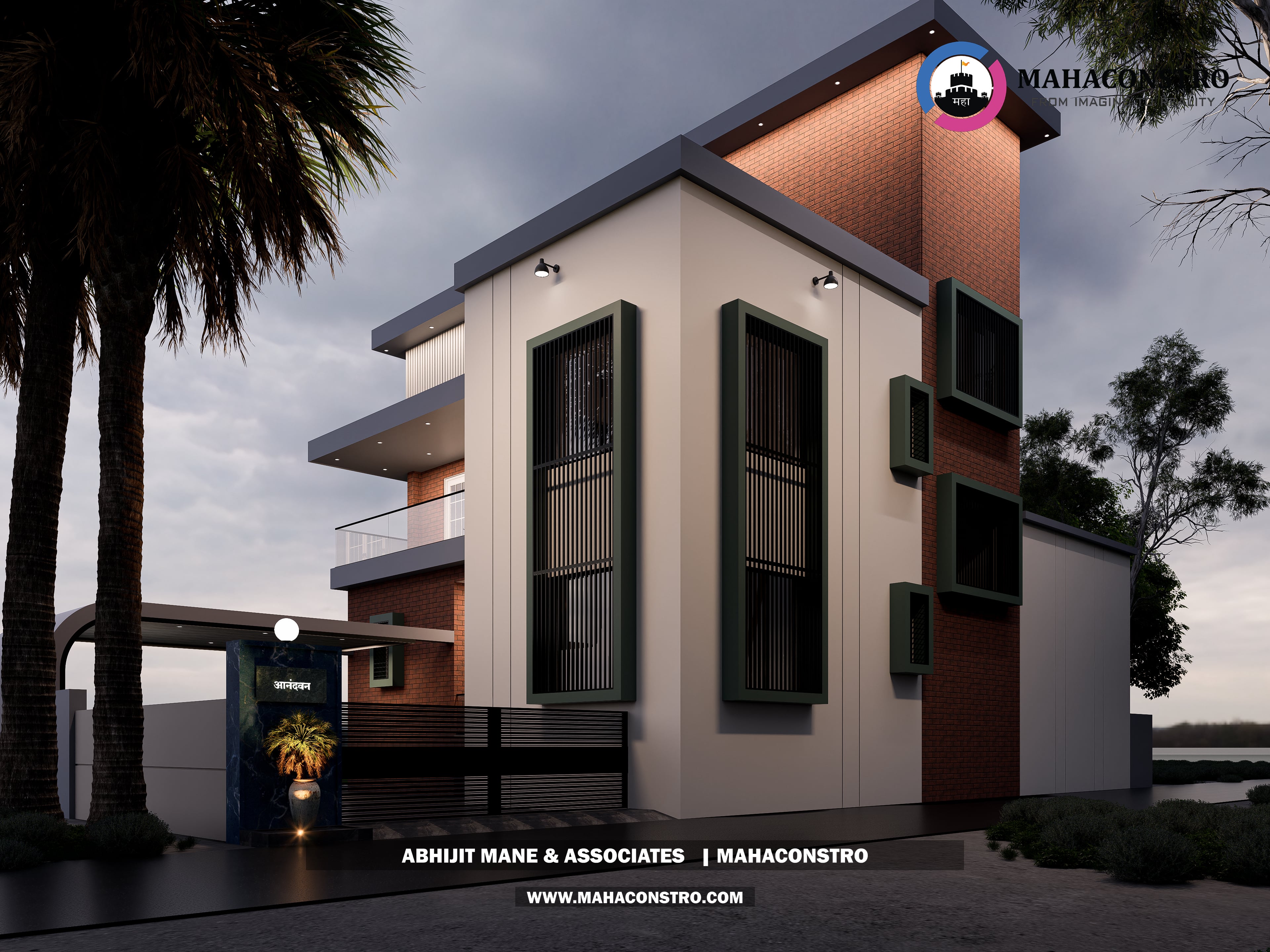 Contemporary luxury bungalow with brick detailing, wood-textured finishes, and a covered car porch in Kandar, Solapur, designed by Mahaconstro Architects