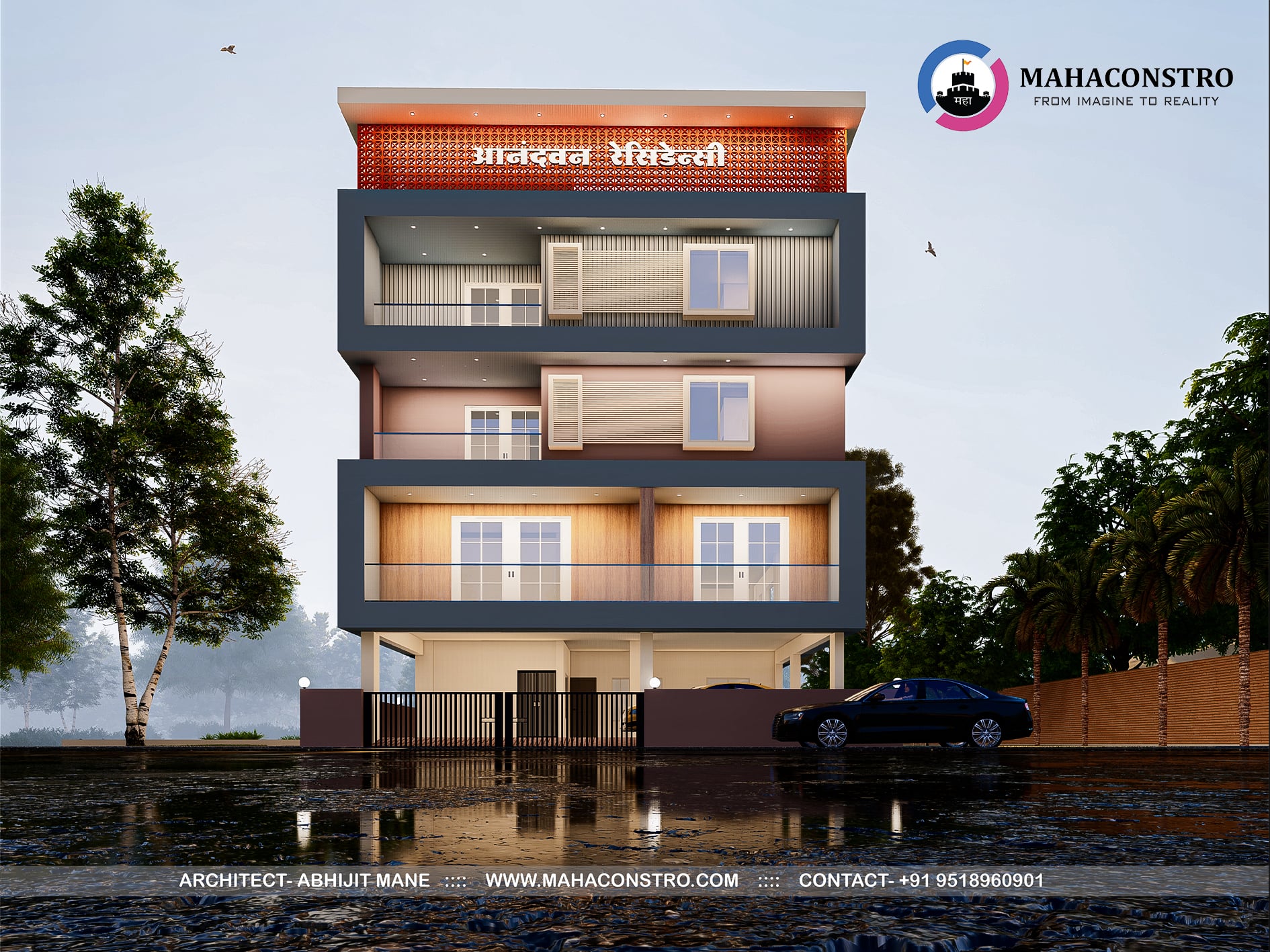 Contemporary Anandvan Residency apartment building with modern facade and spacious balconies in Tembhurni, Solapur, designed by Mahaconstro Architects.