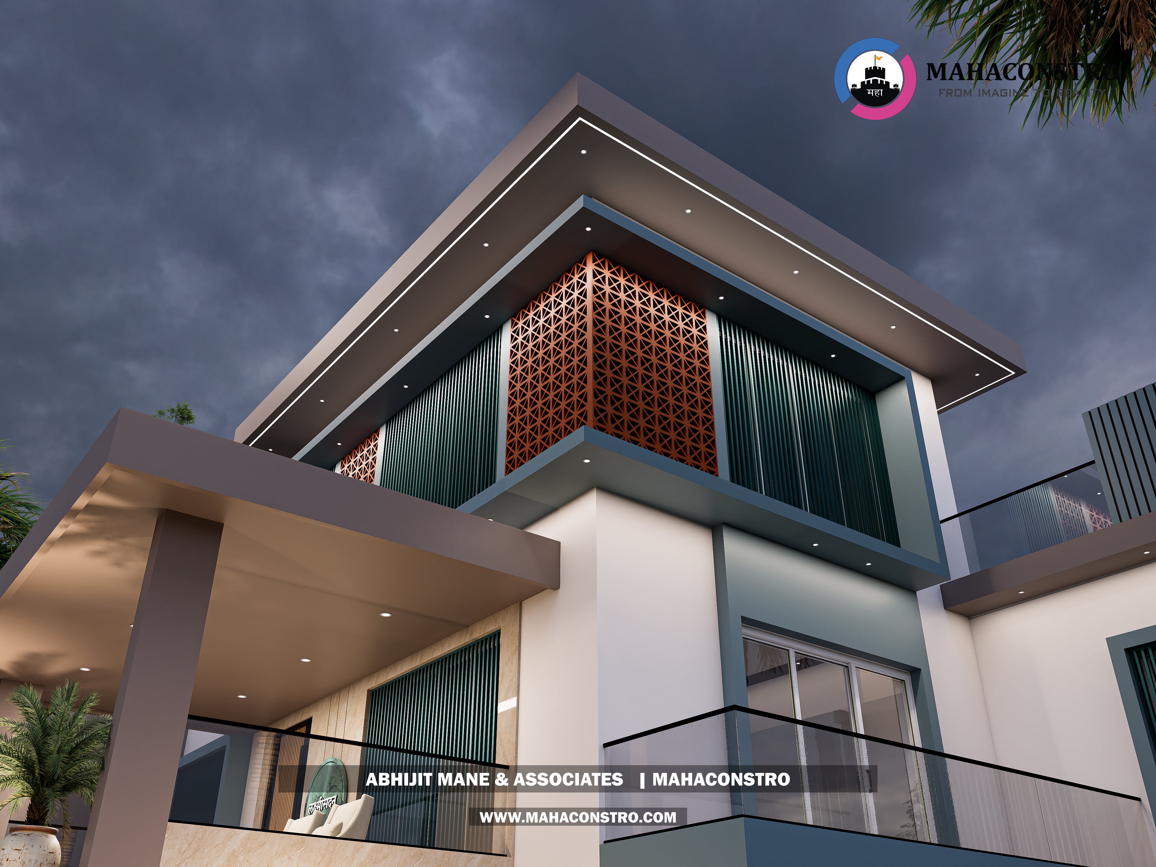 Contemporary luxury bungalow with modern facade detailing and landscaped outdoor lighting at Lakshmi Sadan, Parite, Solapur, designed by Mahaconstro Architects