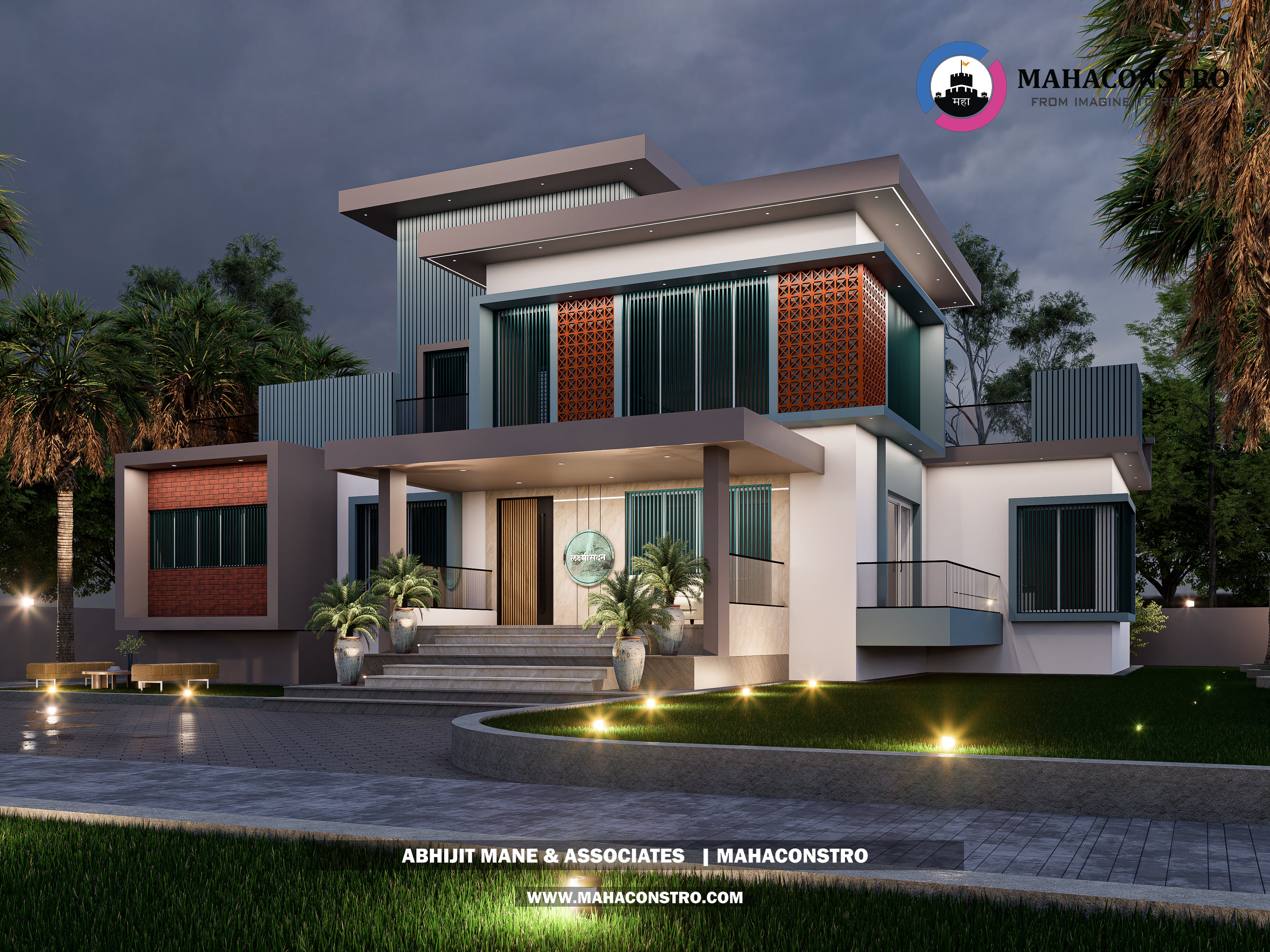 Contemporary luxury bungalow with modern facade detailing and landscaped outdoor lighting at Lakshmi Sadan, Parite, Solapur, designed by Mahaconstro Architects