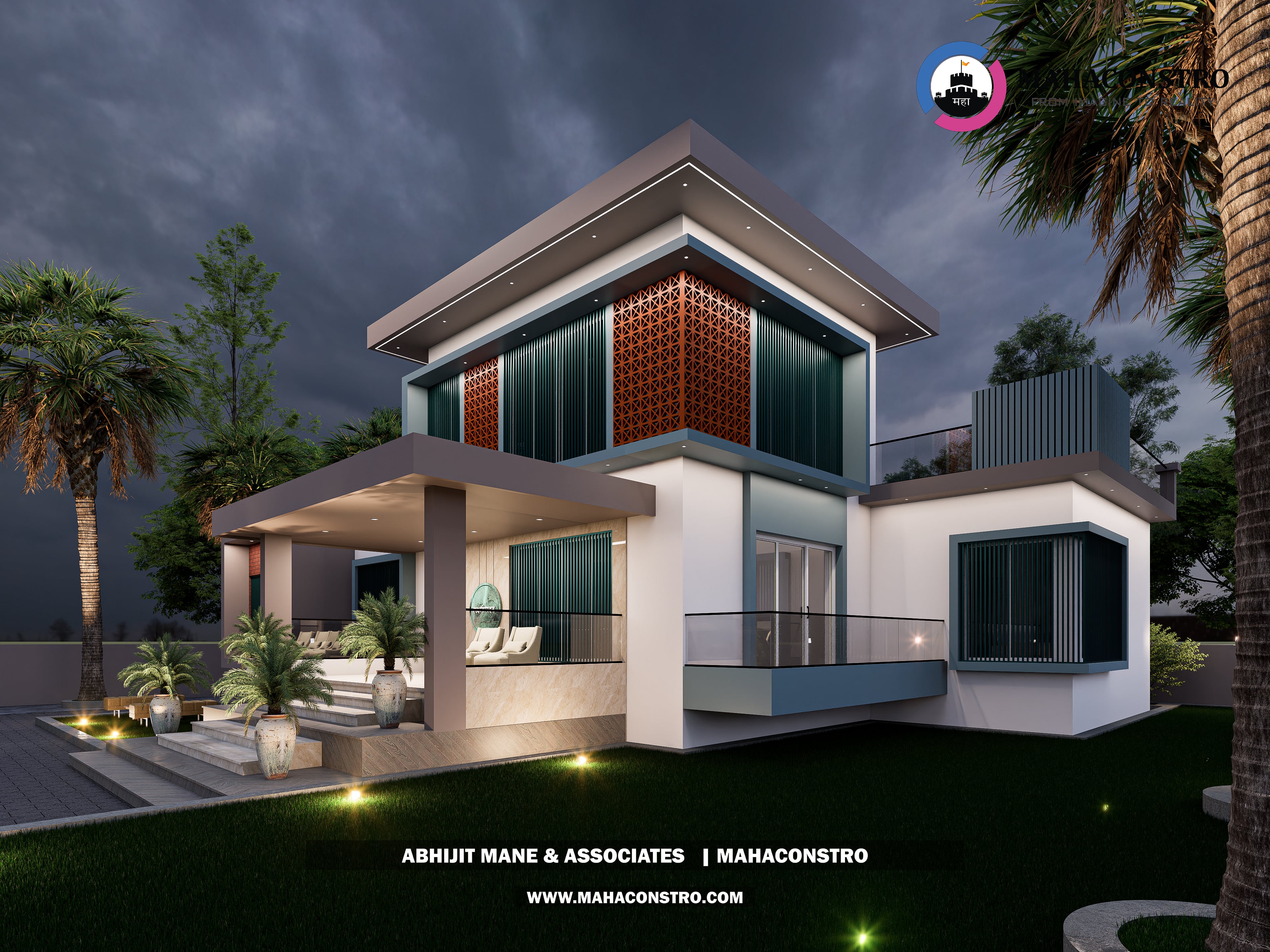Contemporary luxury bungalow with modern facade detailing and landscaped outdoor lighting at Lakshmi Sadan, Parite, Solapur, designed by Mahaconstro Architects