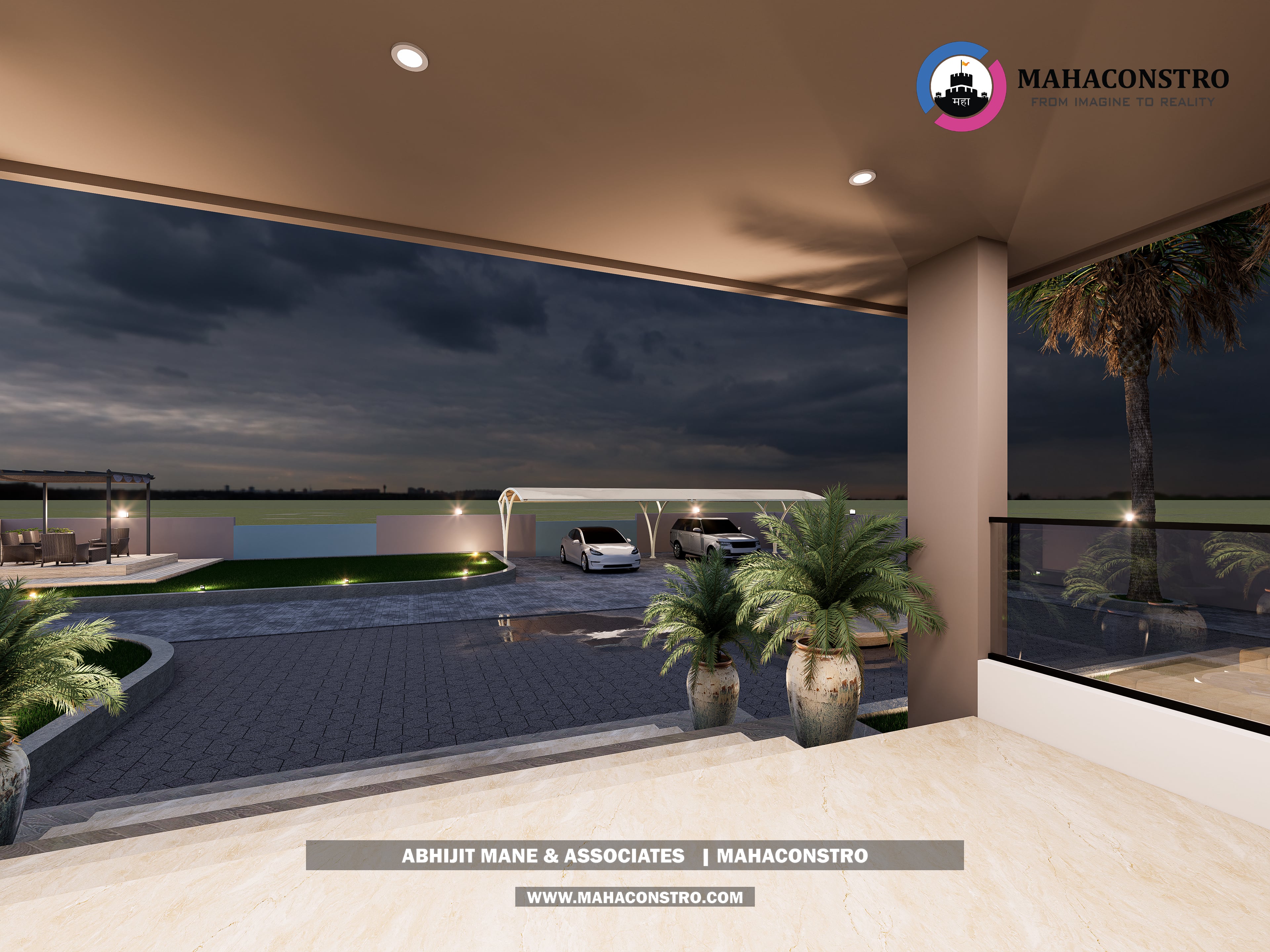 Contemporary luxury bungalow with modern facade detailing and landscaped outdoor lighting at Lakshmi Sadan, Parite, Solapur, designed by Mahaconstro Architects