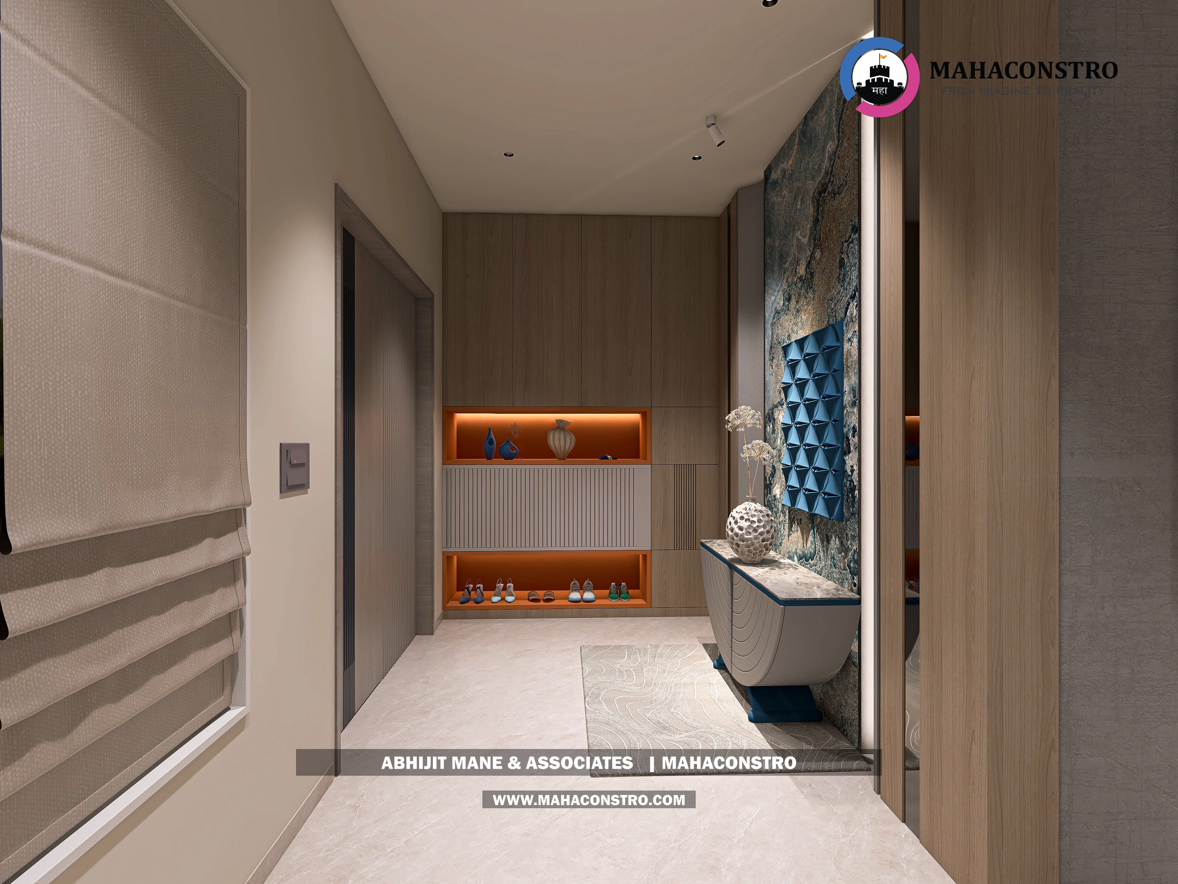 Ultra-luxury bungalow lounge in Parite, Solapur, featuring designer seating, a decorative water feature, and statement ceiling lighting by Mahaconstro Architects.