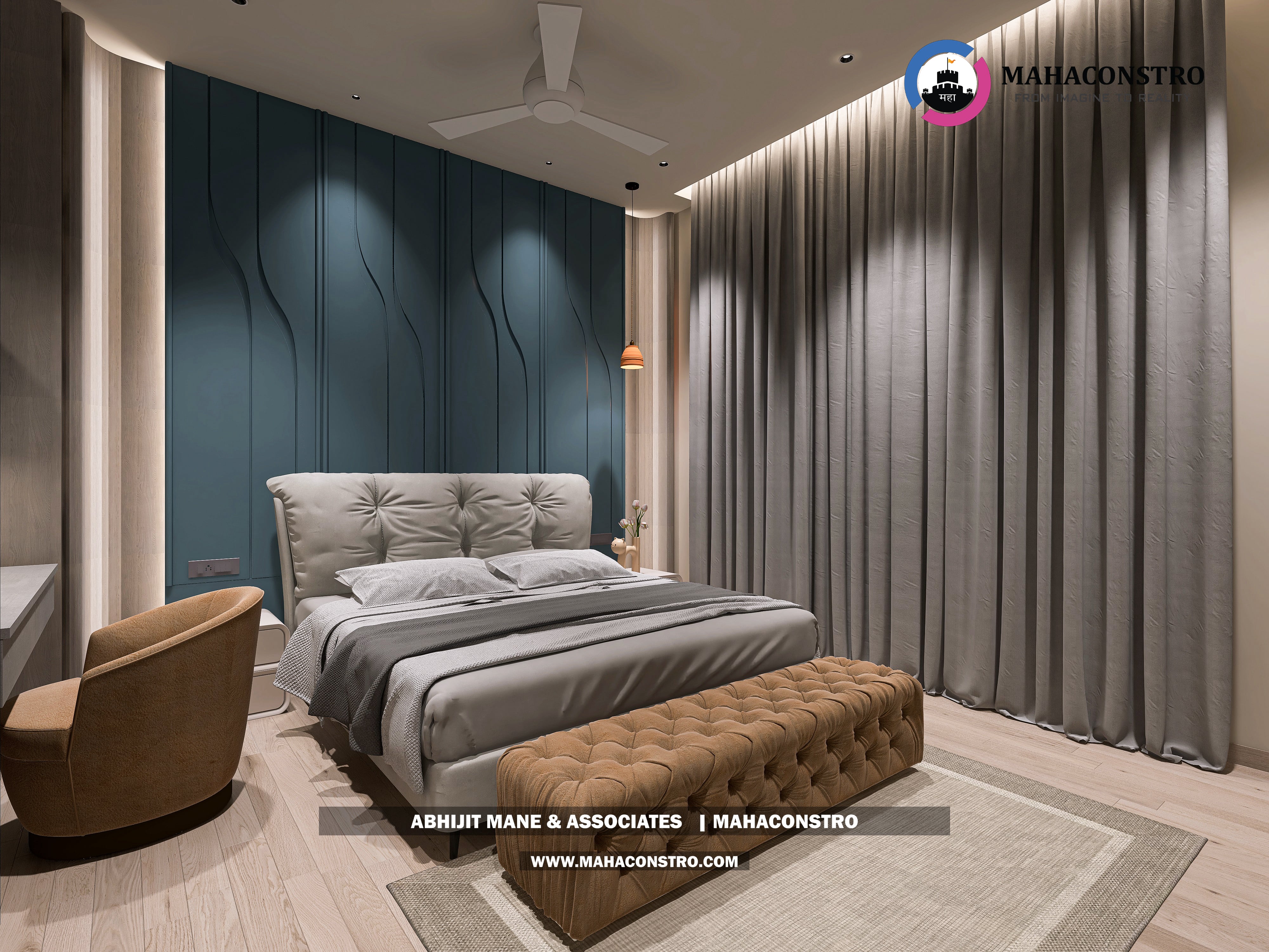 Ultra-luxury bungalow lounge in Parite, Solapur, featuring designer seating, a decorative water feature, and statement ceiling lighting by Mahaconstro Architects.