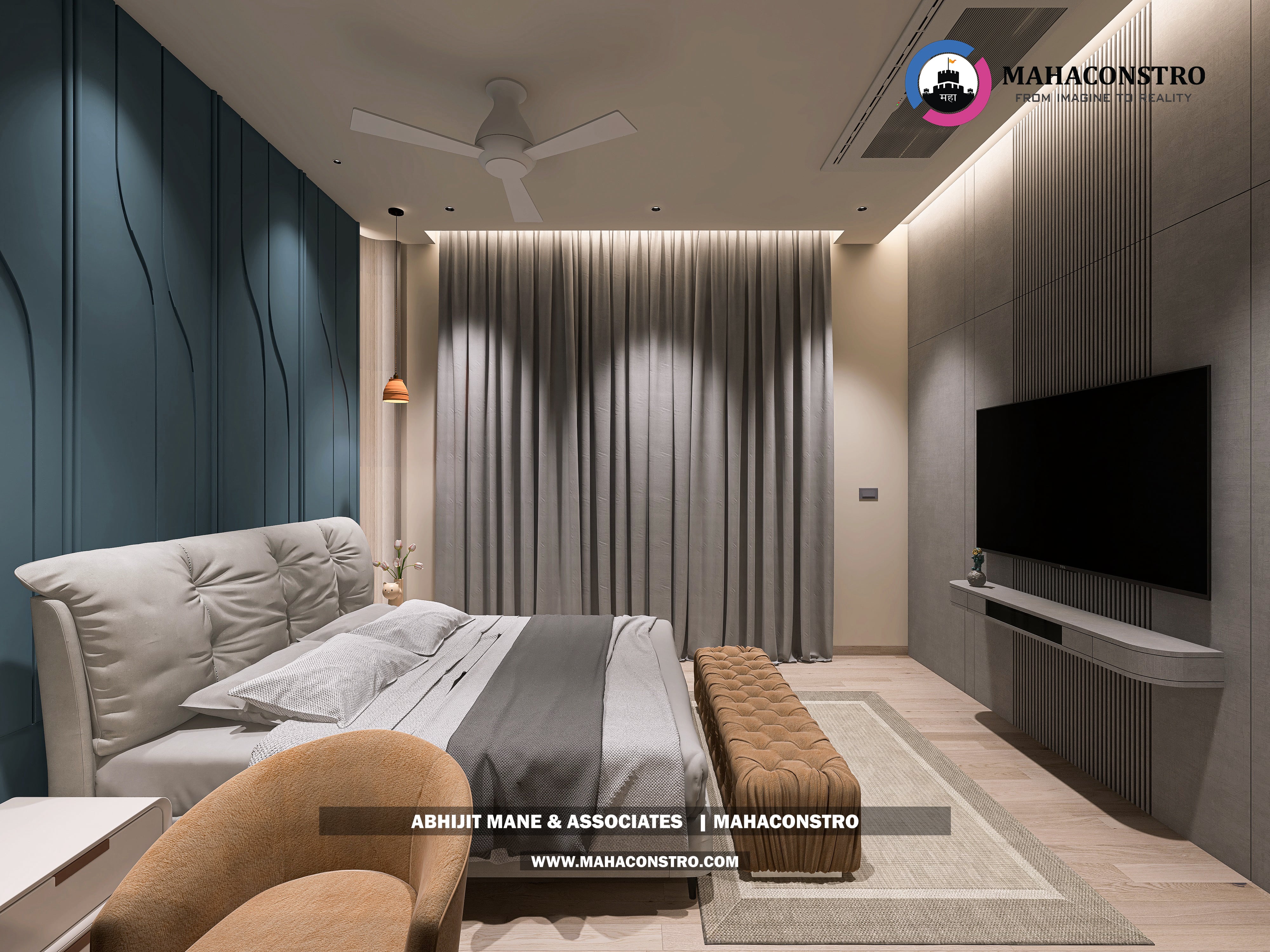 Ultra-luxury bungalow lounge in Parite, Solapur, featuring designer seating, a decorative water feature, and statement ceiling lighting by Mahaconstro Architects.