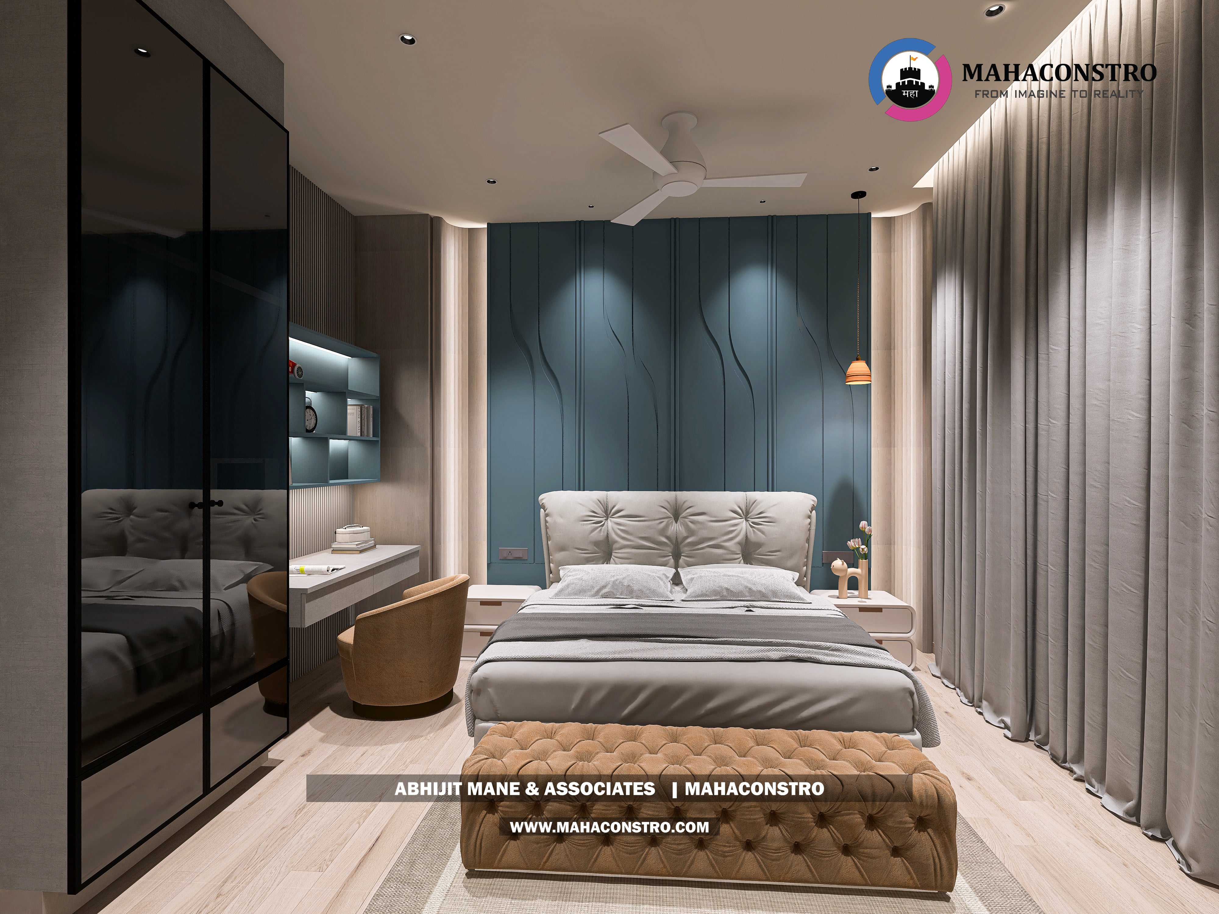 Ultra-luxury bungalow lounge in Parite, Solapur, featuring designer seating, a decorative water feature, and statement ceiling lighting by Mahaconstro Architects.