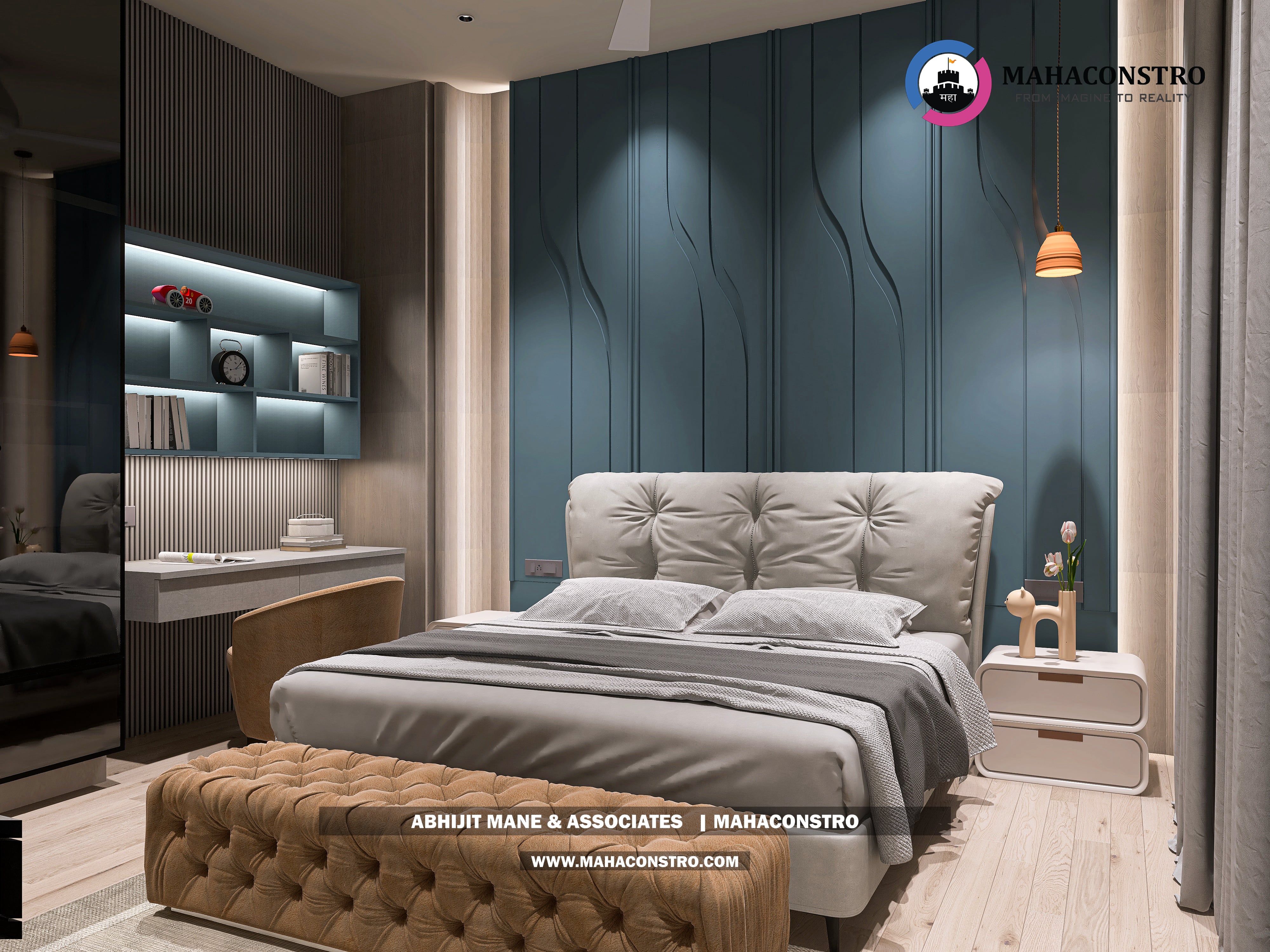 Ultra-luxury bungalow lounge in Parite, Solapur, featuring designer seating, a decorative water feature, and statement ceiling lighting by Mahaconstro Architects.
