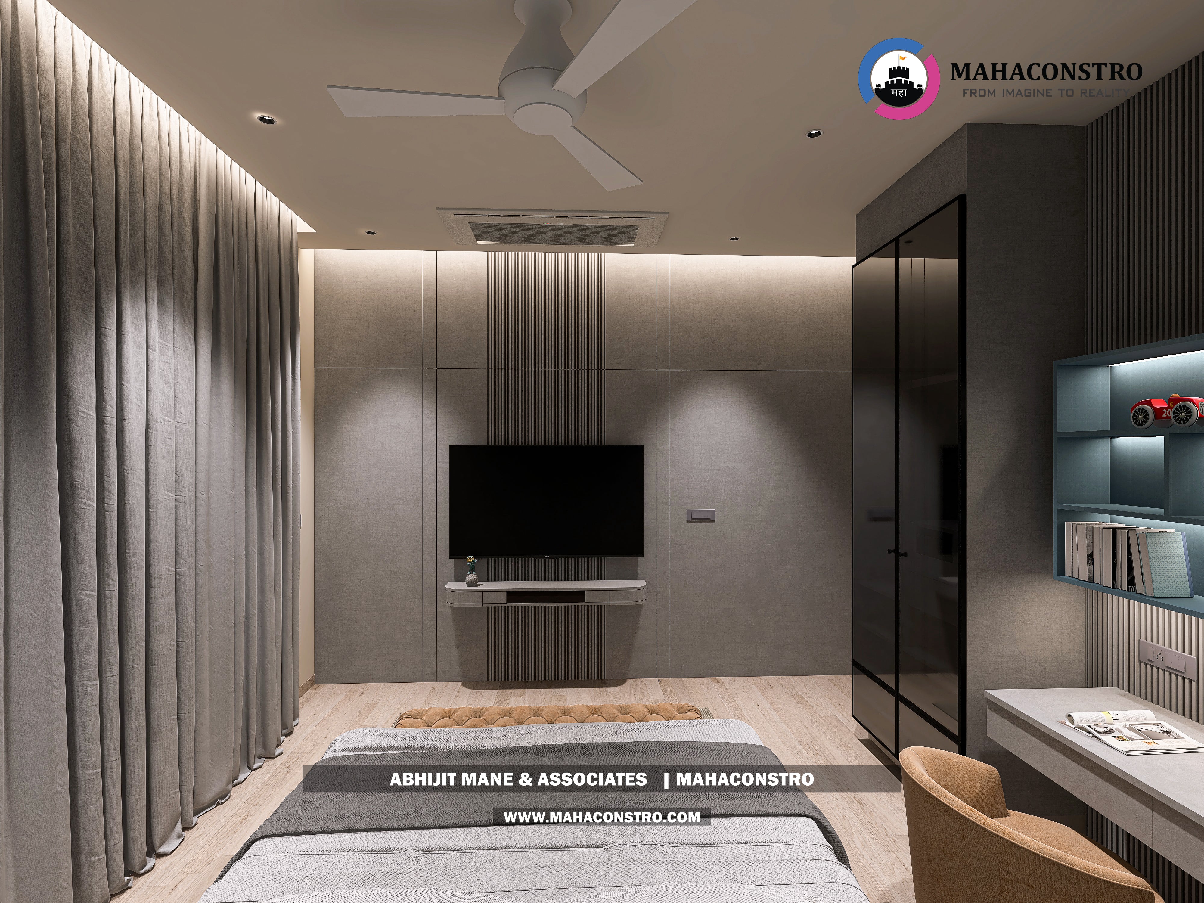 Ultra-luxury bungalow lounge in Parite, Solapur, featuring designer seating, a decorative water feature, and statement ceiling lighting by Mahaconstro Architects.