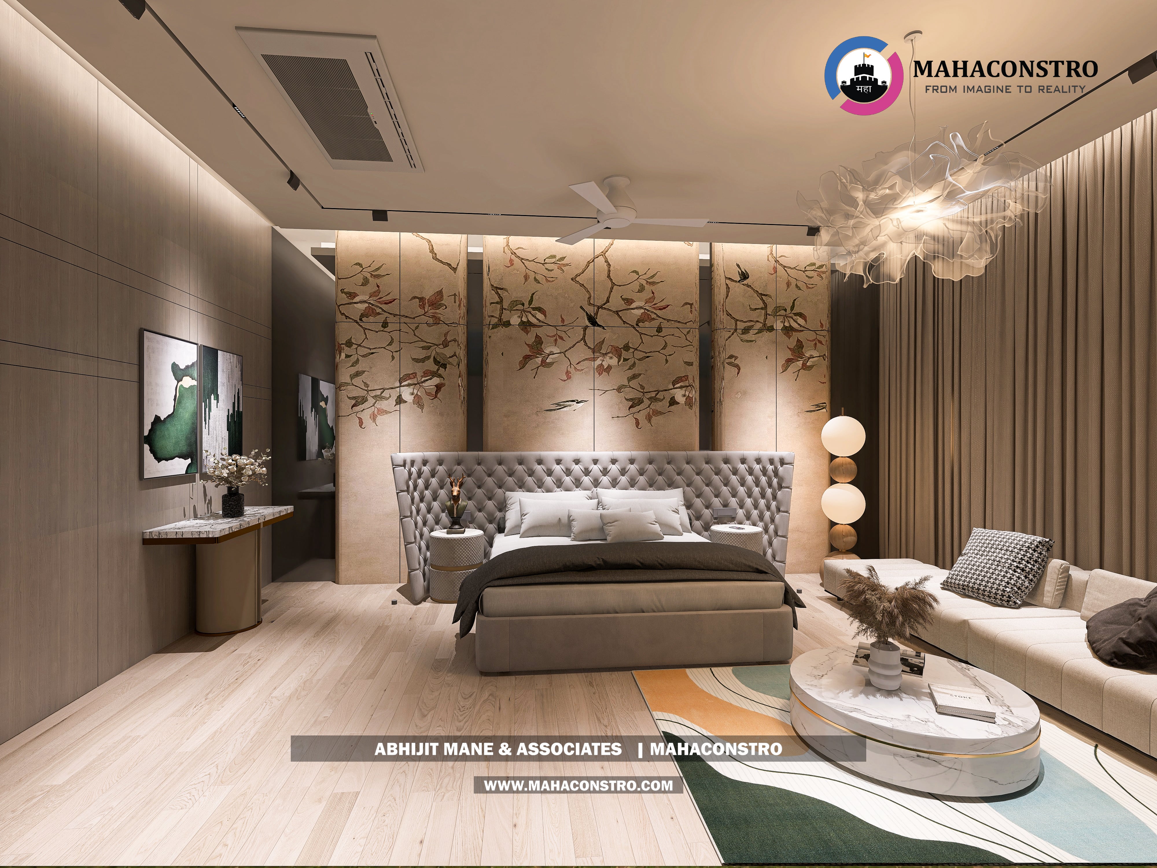 Ultra-luxury bungalow lounge in Parite, Solapur, featuring designer seating, a decorative water feature, and statement ceiling lighting by Mahaconstro Architects.