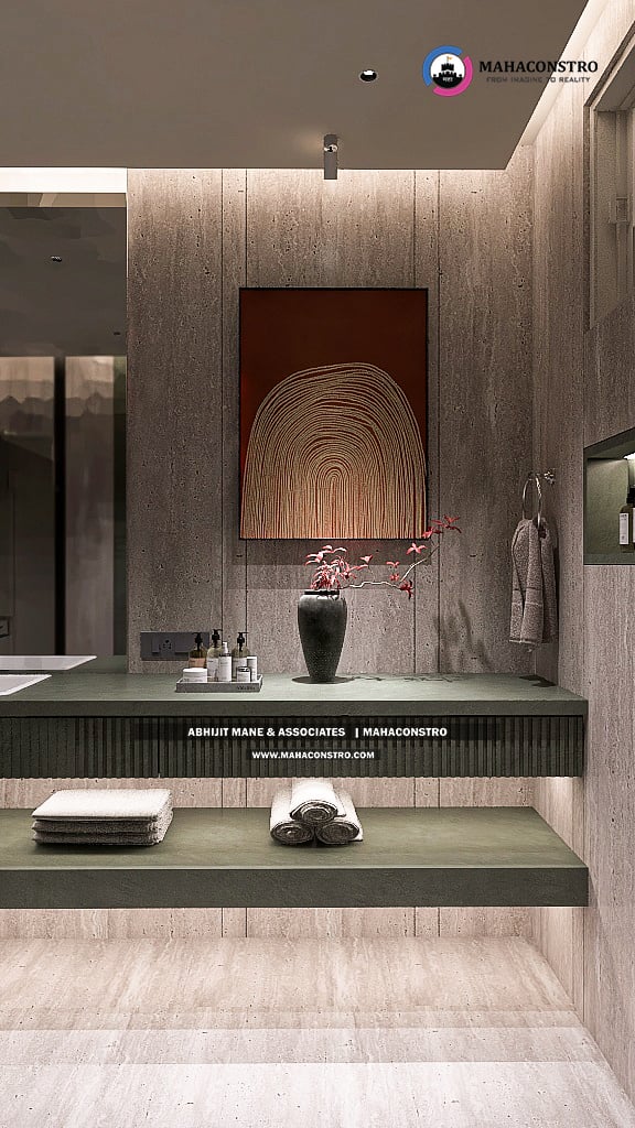 Ultra-luxury bungalow lounge in Parite, Solapur, featuring designer seating, a decorative water feature, and statement ceiling lighting by Mahaconstro Architects.