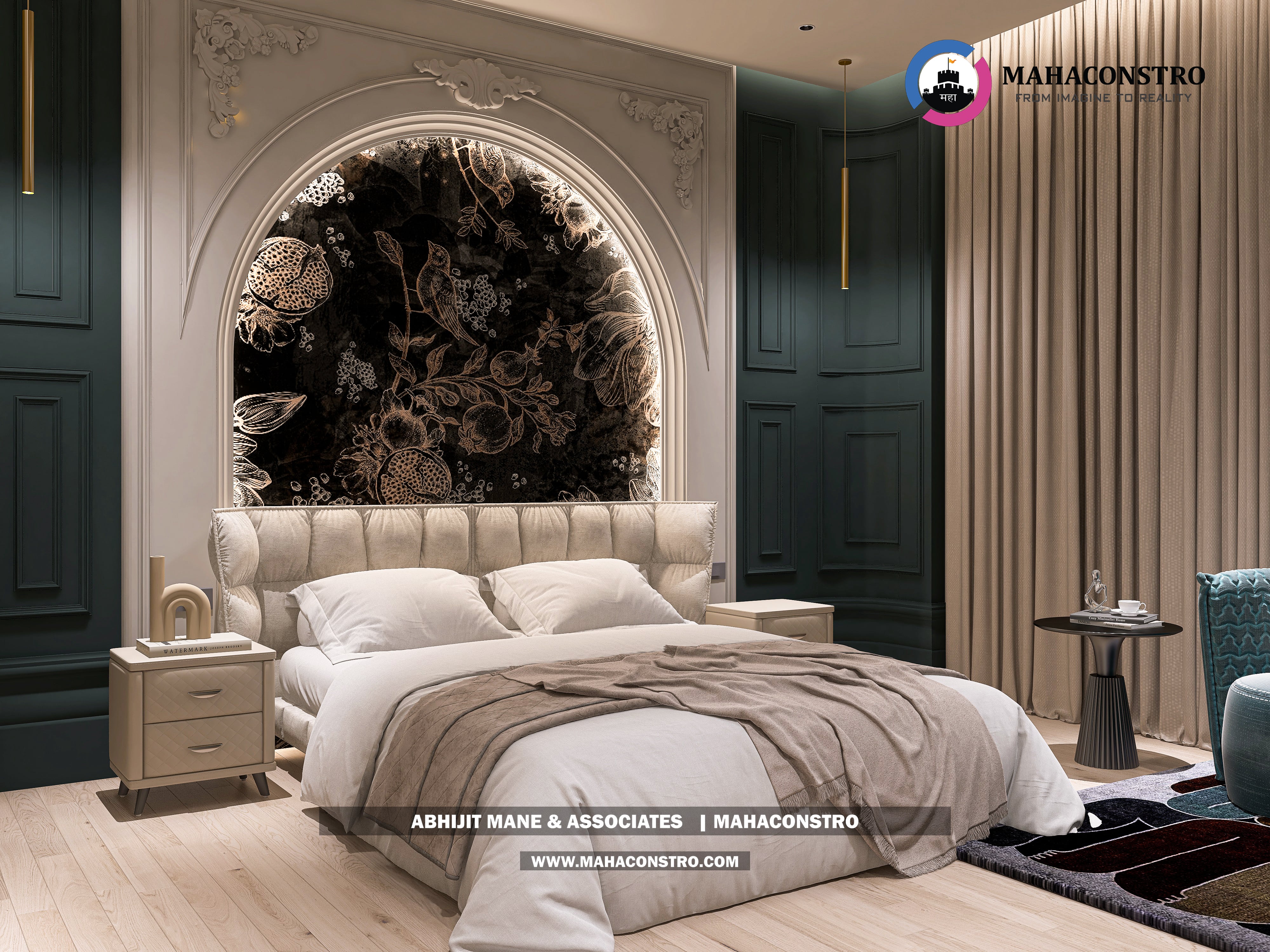 Ultra-luxury bungalow lounge in Parite, Solapur, featuring designer seating, a decorative water feature, and statement ceiling lighting by Mahaconstro Architects.