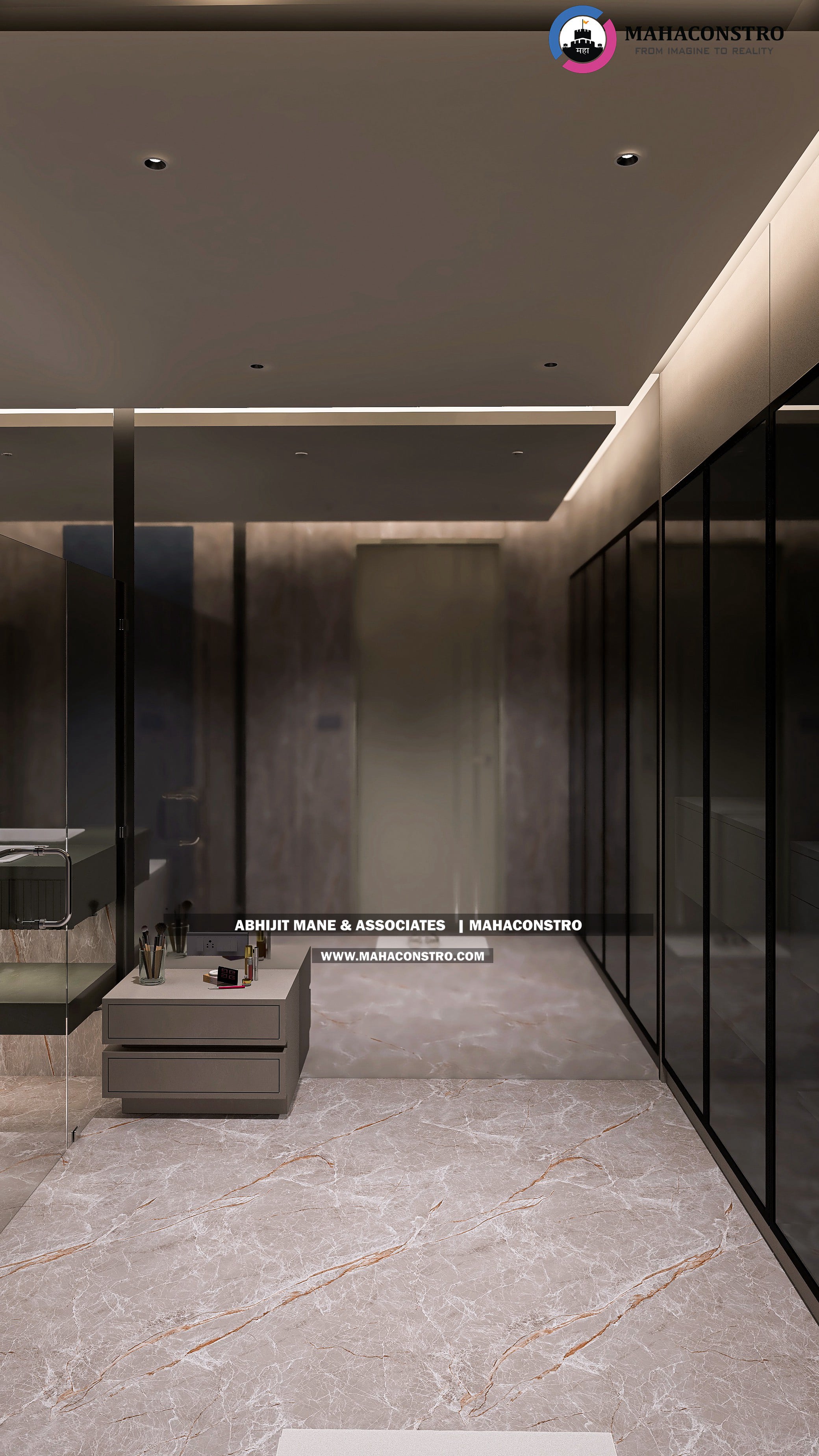 Ultra-luxury bungalow lounge in Parite, Solapur, featuring designer seating, a decorative water feature, and statement ceiling lighting by Mahaconstro Architects.