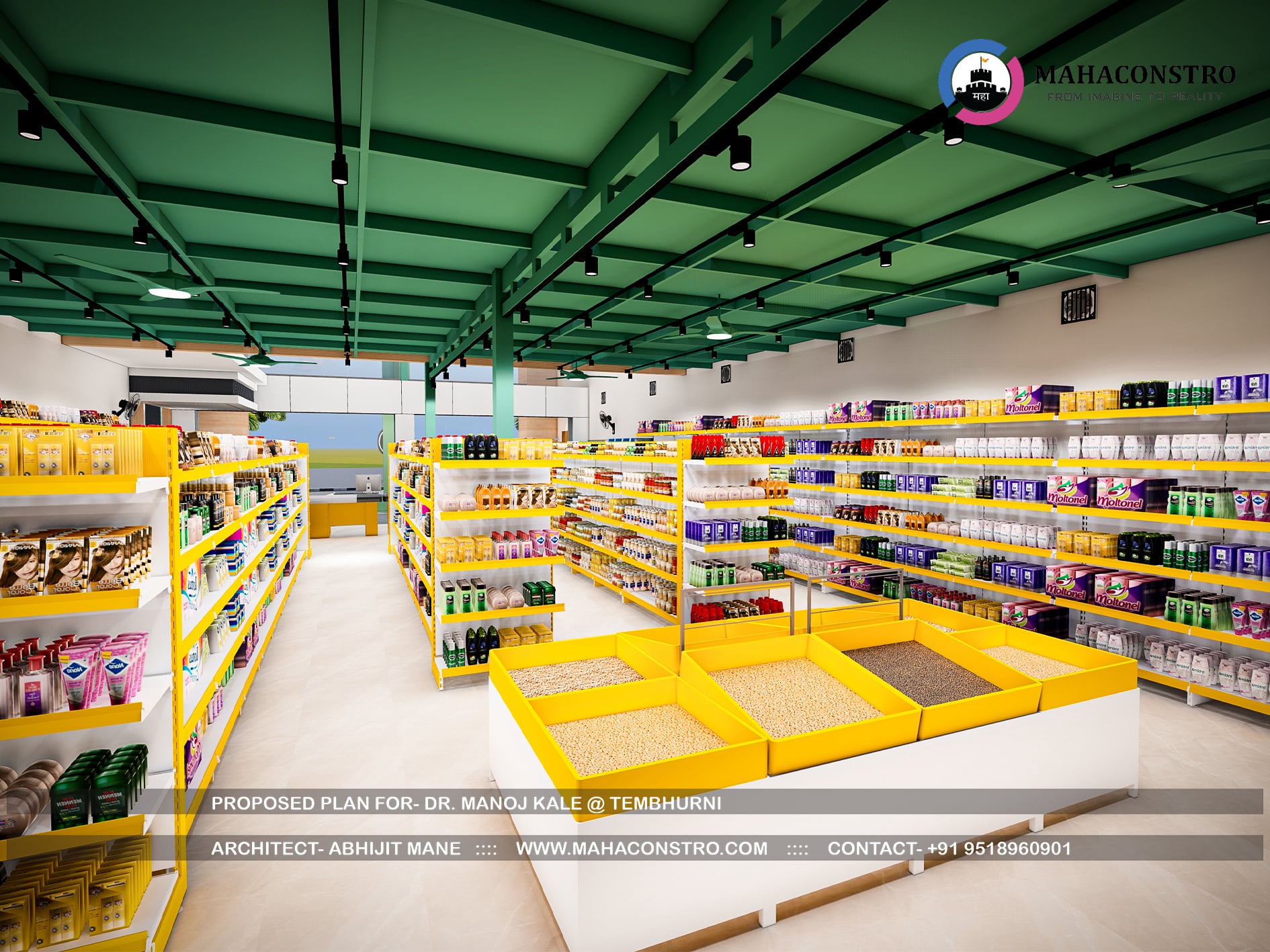 Modern commercial facade of Moraya Mart and Gift Shopee in Tembhurni, Solapur, designed by Mahaconstro Architects
