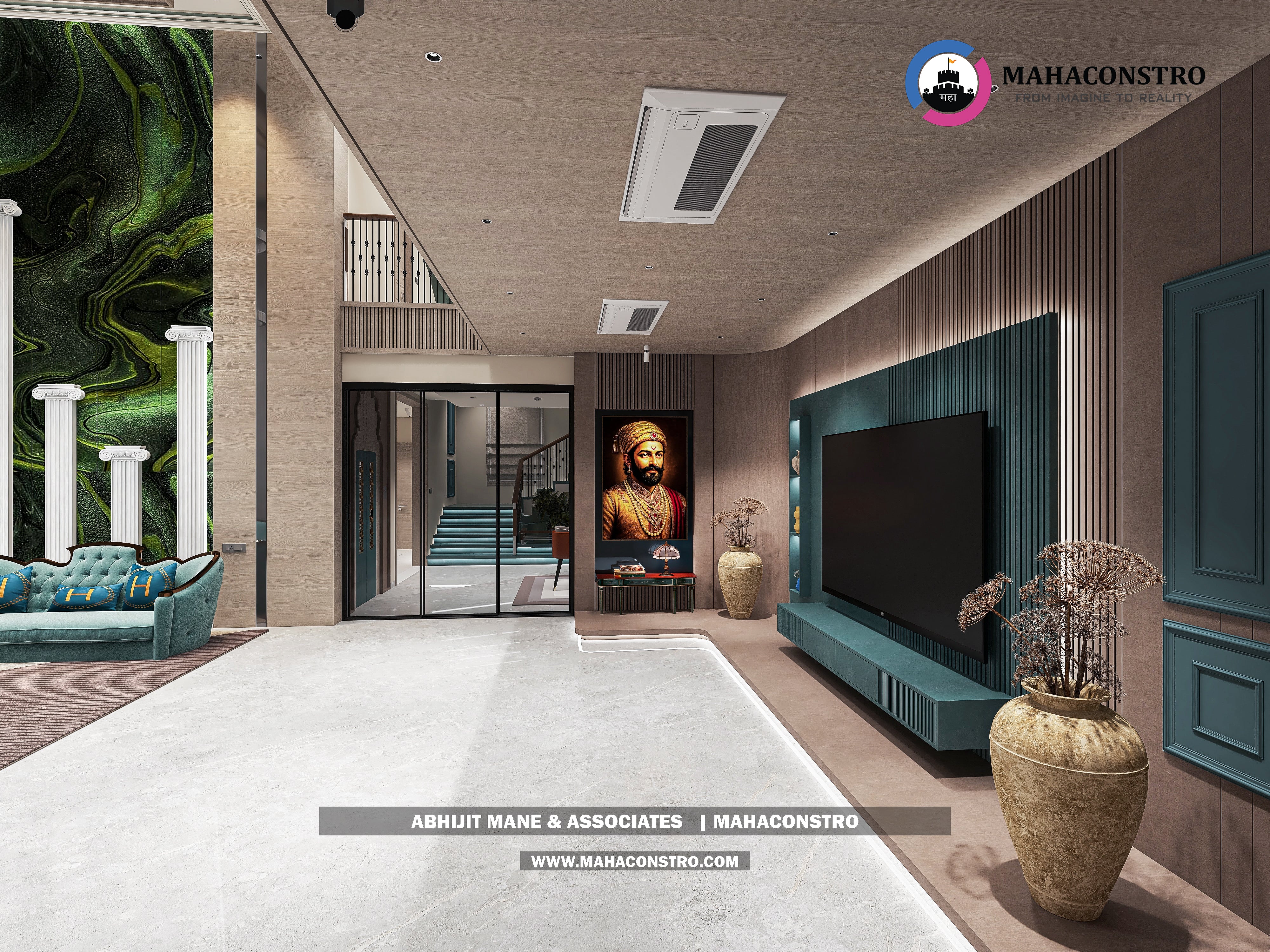 Ultra-luxury bungalow living room in Bhimanagar, Solapur, featuring a double-height space, teal sofas, and a custom television wall by Mahaconstro Architects
