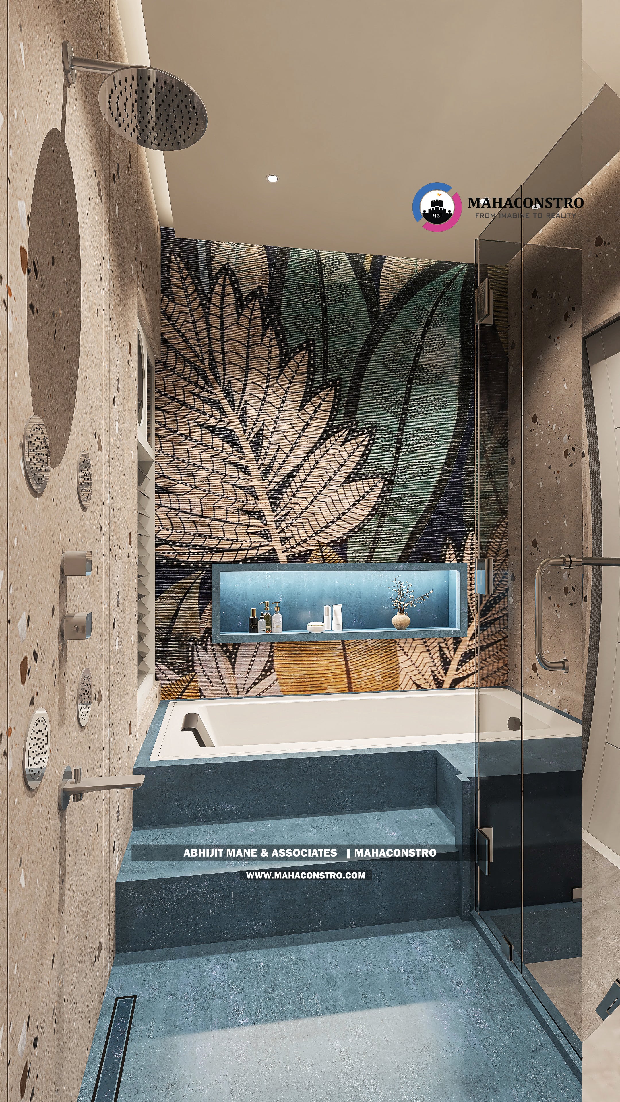 Ultra-luxury bungalow living room in Bhimanagar, Solapur, featuring a double-height space, teal sofas, and a custom television wall by Mahaconstro Architects