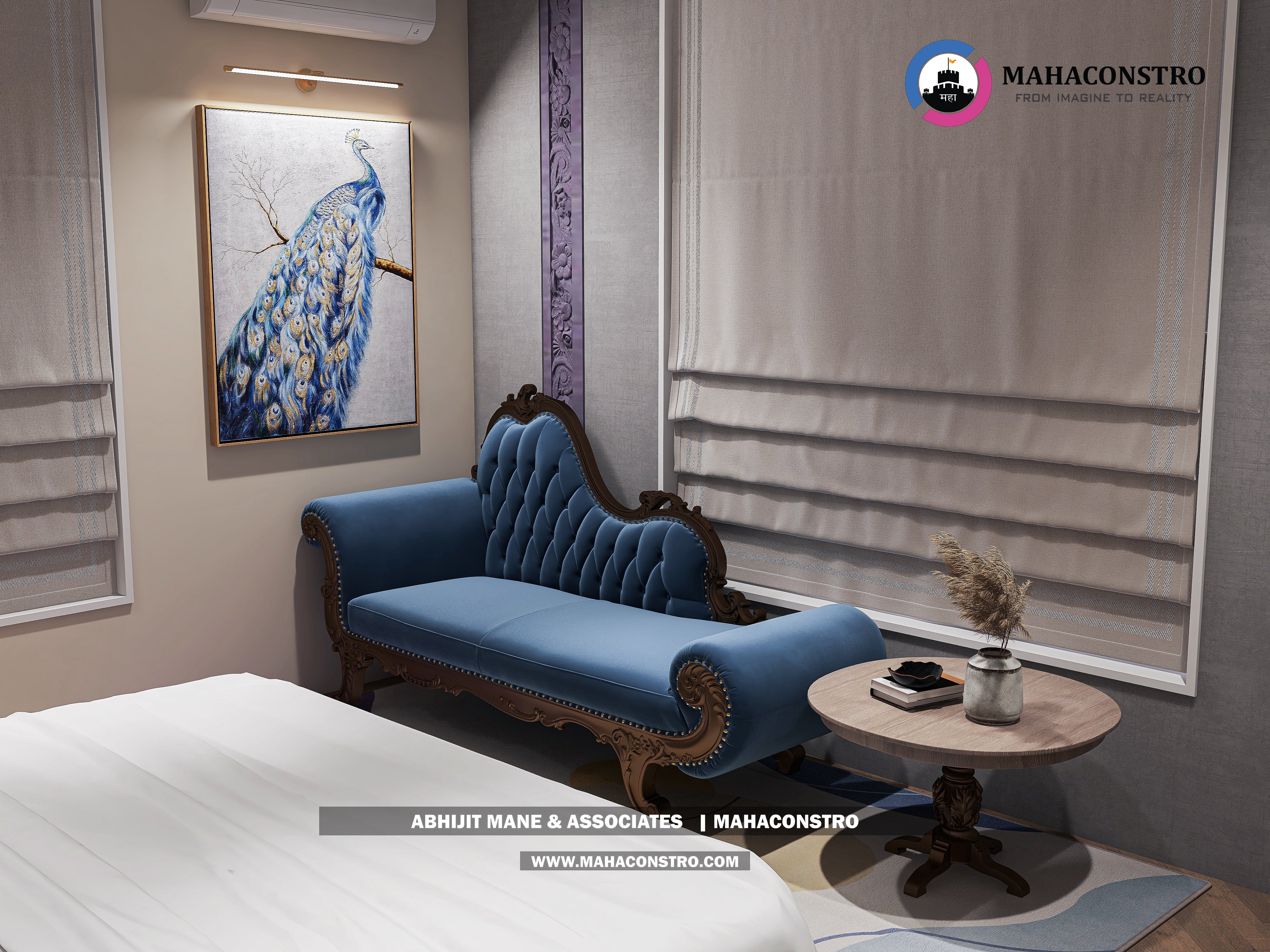 Ultra-luxury bungalow living room in Bhimanagar, Solapur, featuring a double-height space, teal sofas, and a custom television wall by Mahaconstro Architects