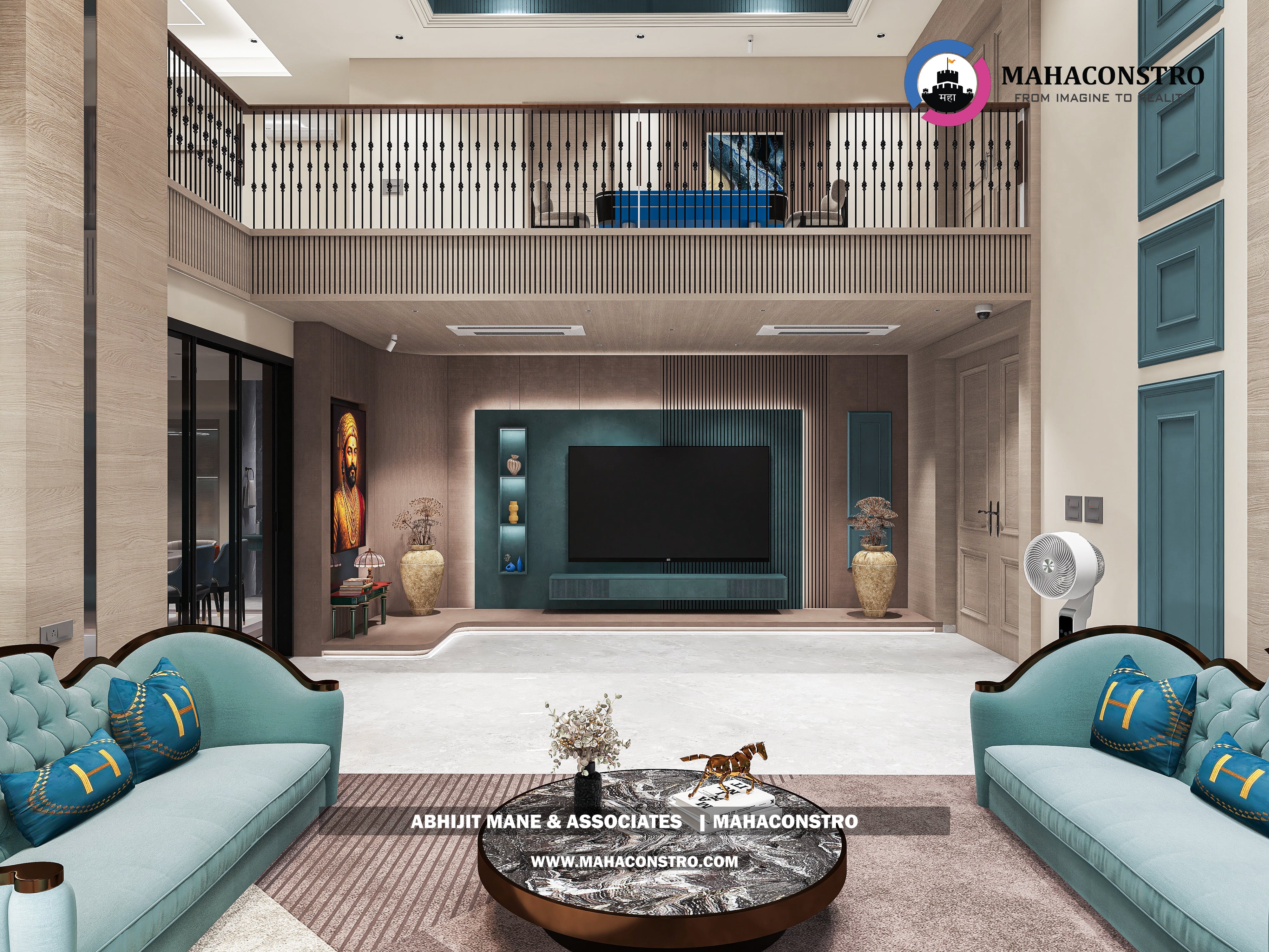 Ultra-luxury bungalow living room in Bhimanagar, Solapur, featuring a double-height space, teal sofas, and a custom television wall by Mahaconstro Architects