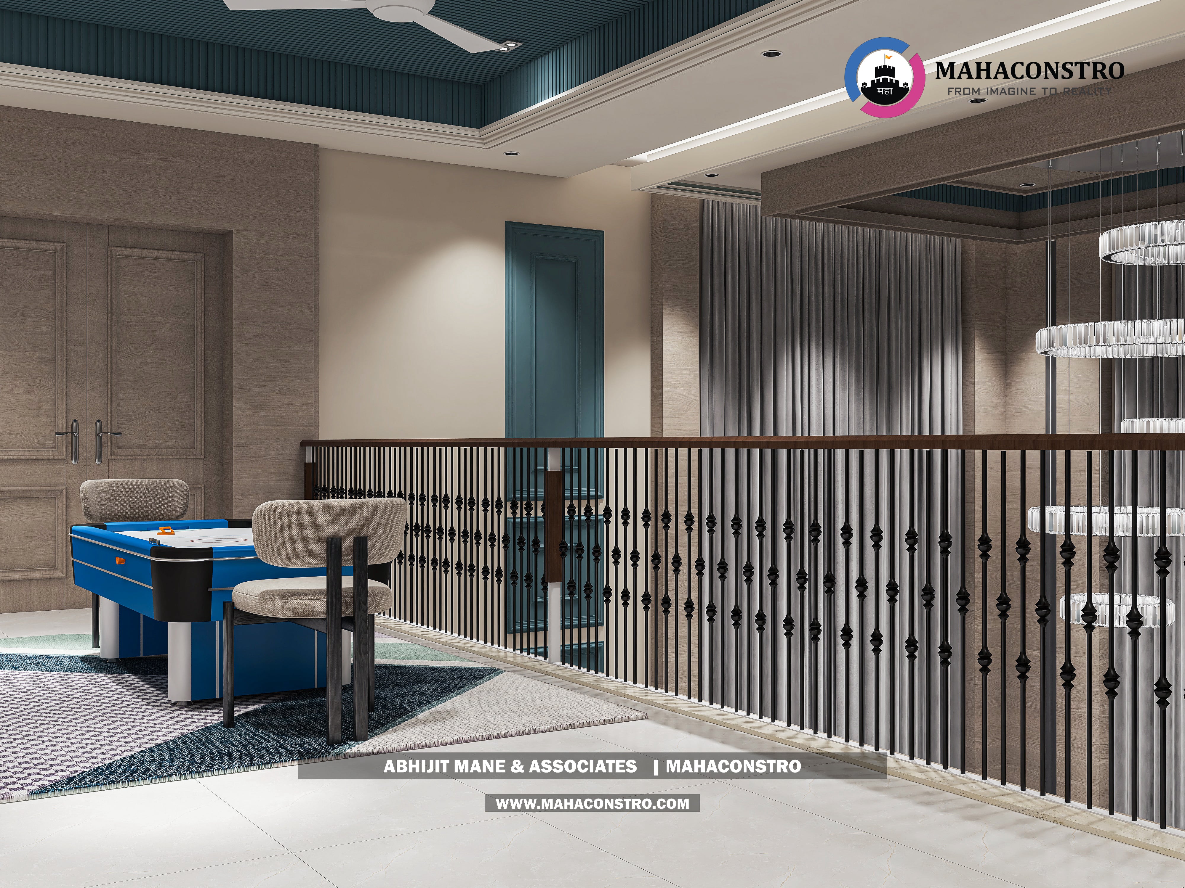 Ultra-luxury bungalow living room in Bhimanagar, Solapur, featuring a double-height space, teal sofas, and a custom television wall by Mahaconstro Architects