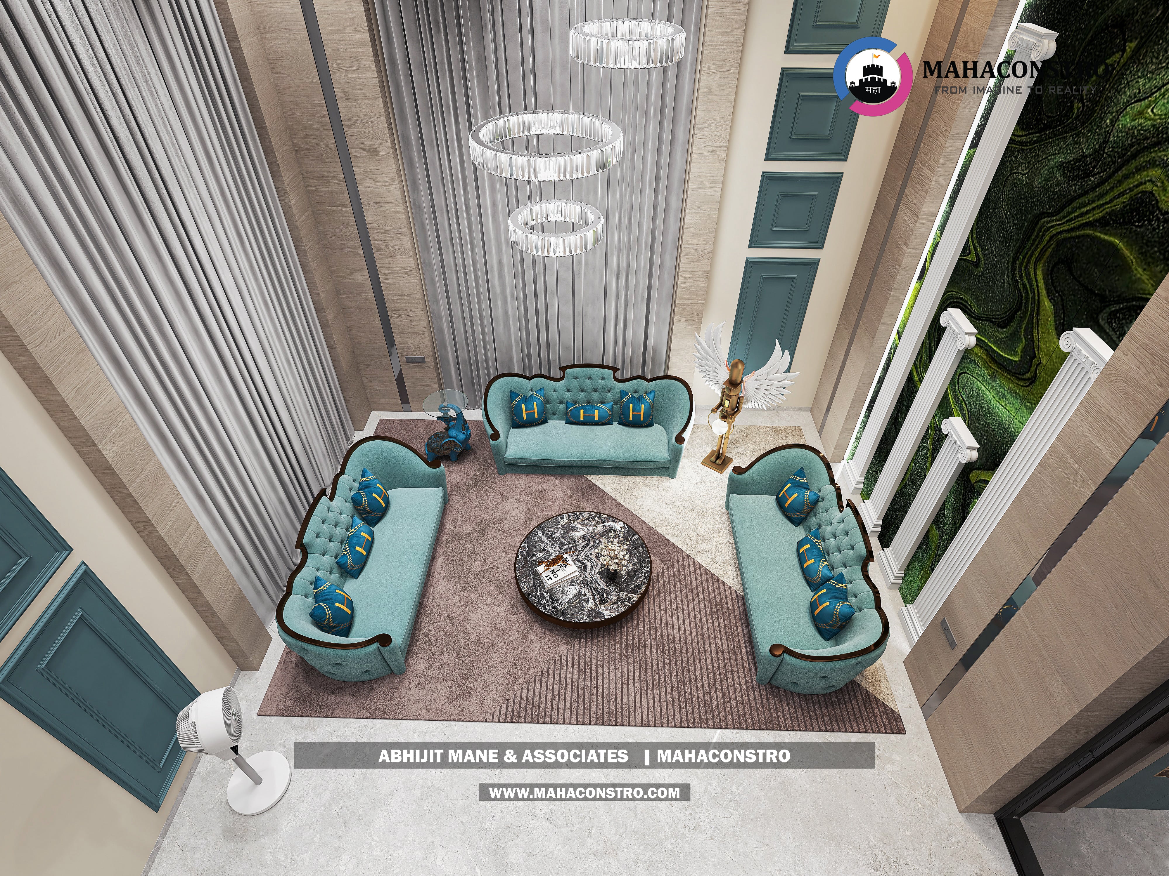 Ultra-luxury bungalow living room in Bhimanagar, Solapur, featuring a double-height space, teal sofas, and a custom television wall by Mahaconstro Architects