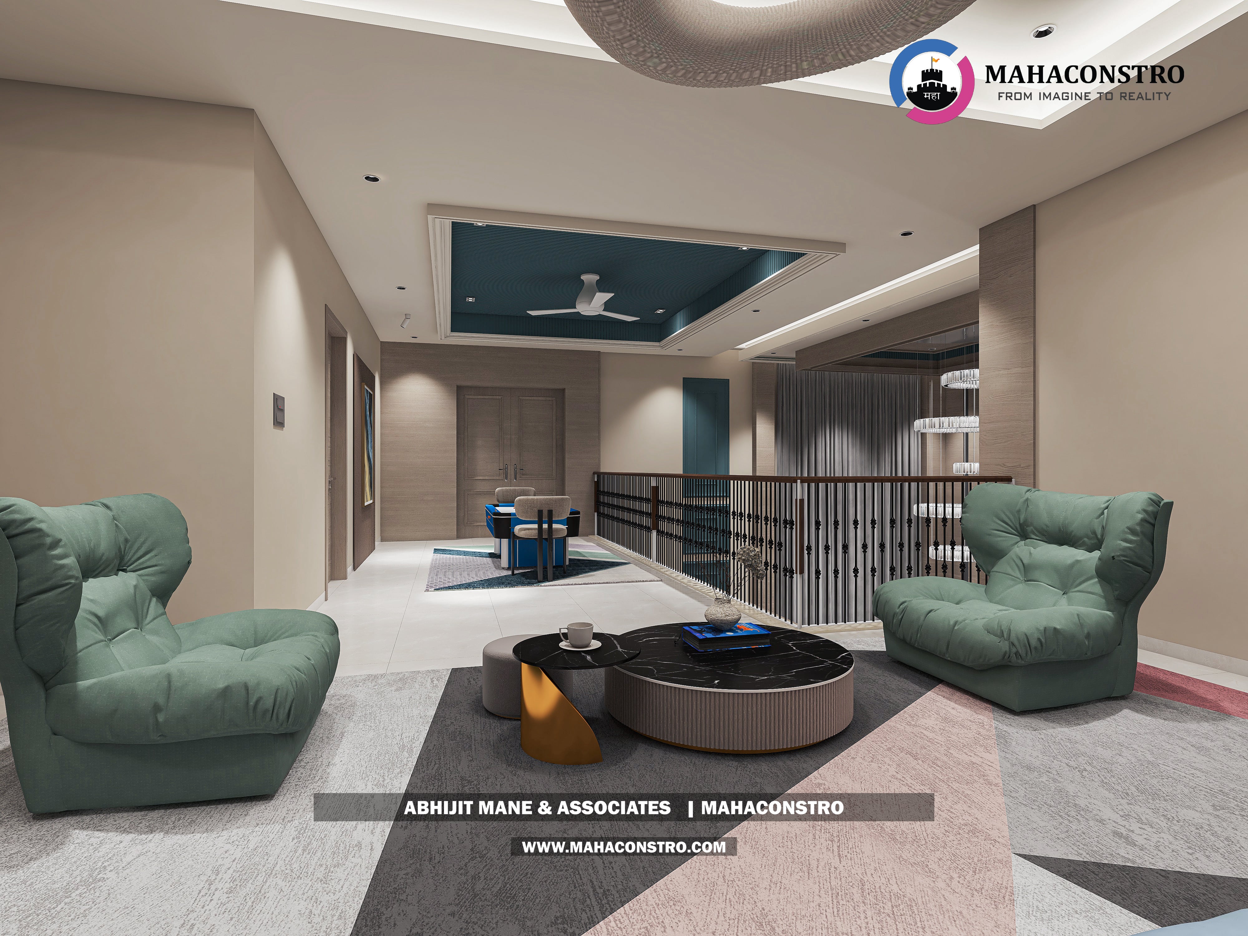 Ultra-luxury bungalow living room in Bhimanagar, Solapur, featuring a double-height space, teal sofas, and a custom television wall by Mahaconstro Architects