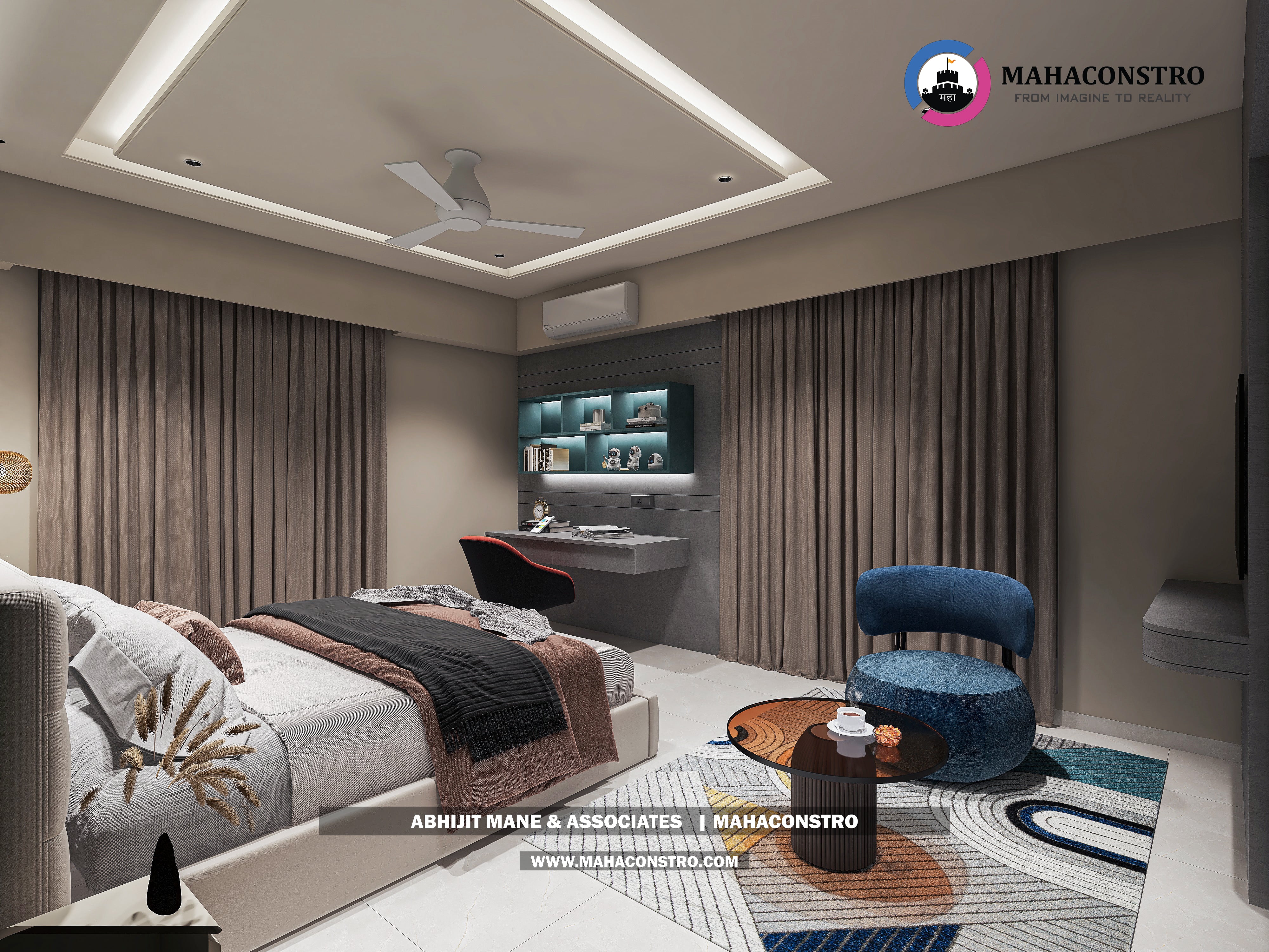 Ultra-luxury bungalow living room in Bhimanagar, Solapur, featuring a double-height space, teal sofas, and a custom television wall by Mahaconstro Architects
