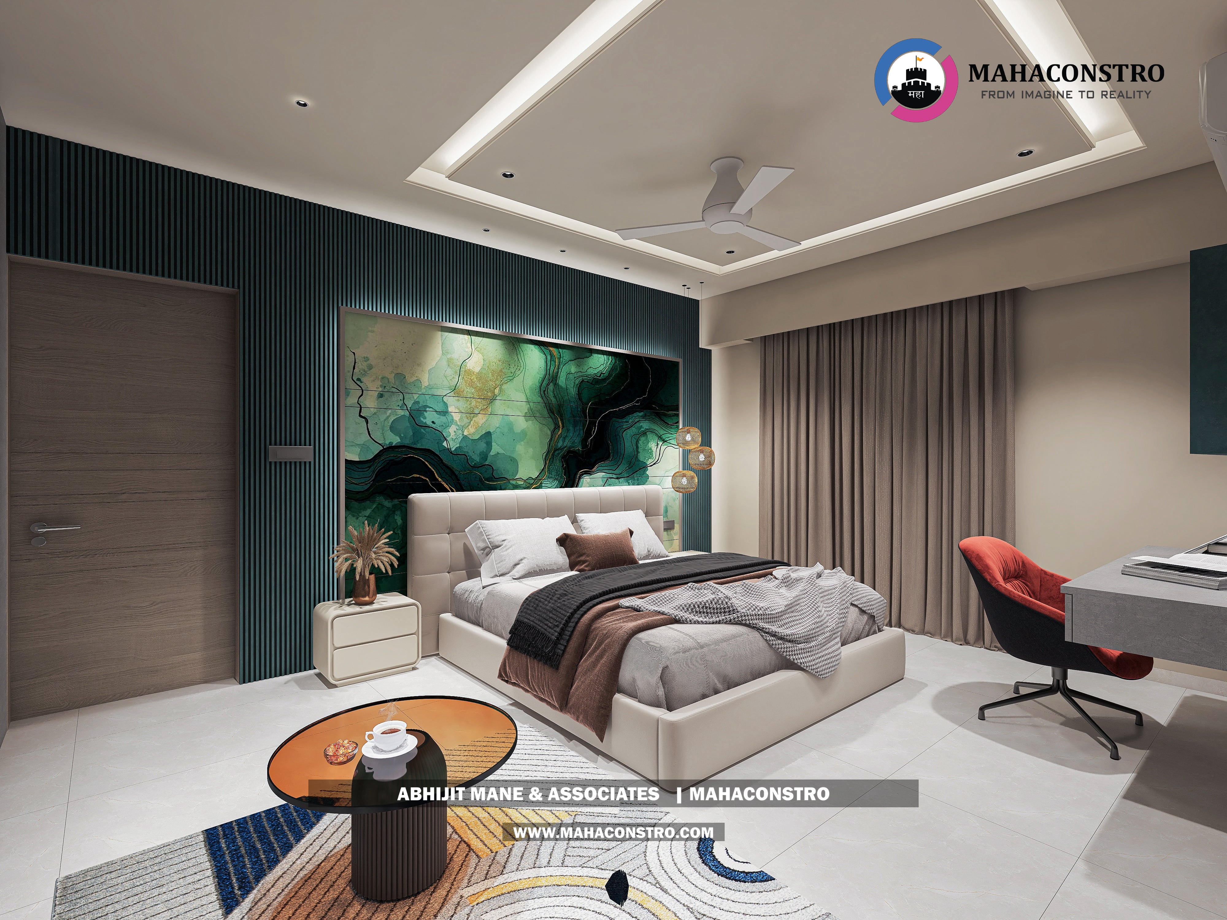 Ultra-luxury bungalow living room in Bhimanagar, Solapur, featuring a double-height space, teal sofas, and a custom television wall by Mahaconstro Architects