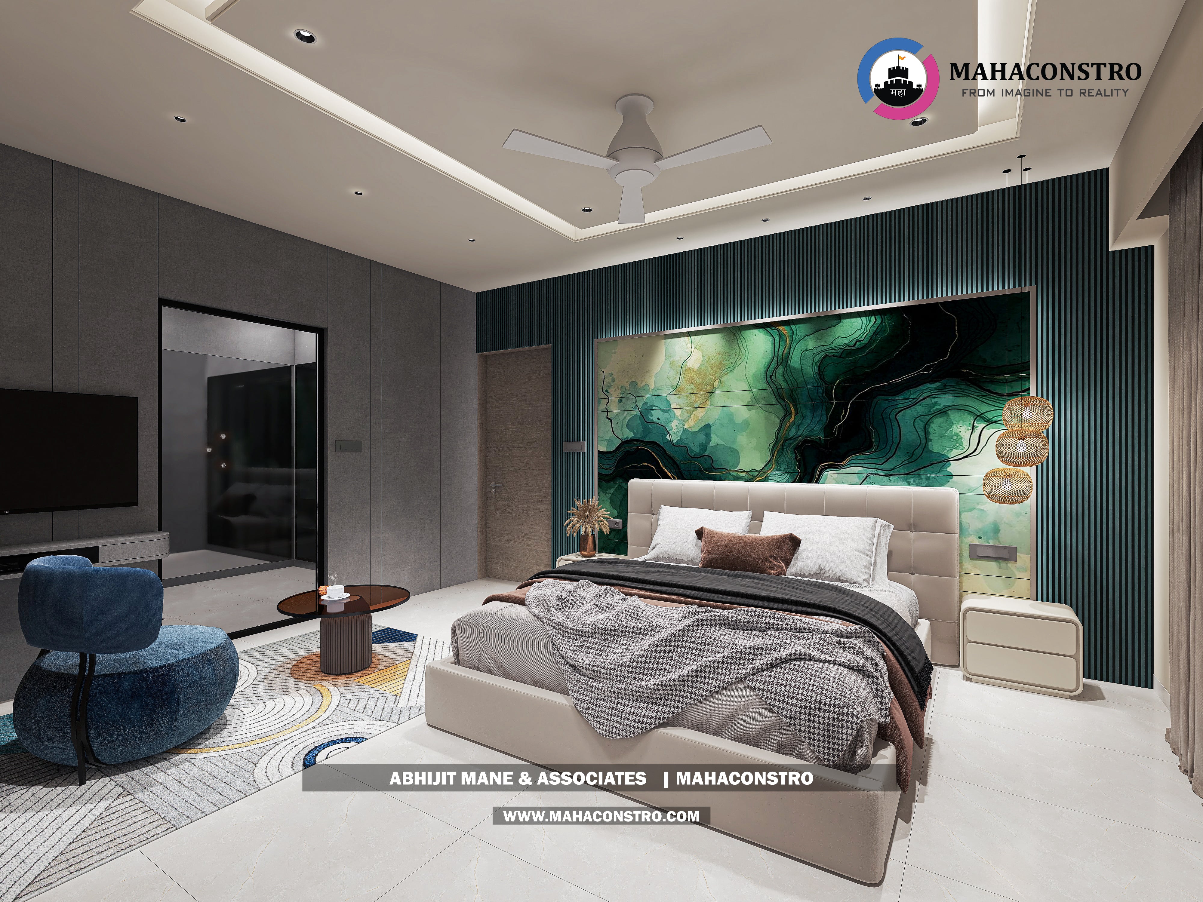 Ultra-luxury bungalow living room in Bhimanagar, Solapur, featuring a double-height space, teal sofas, and a custom television wall by Mahaconstro Architects