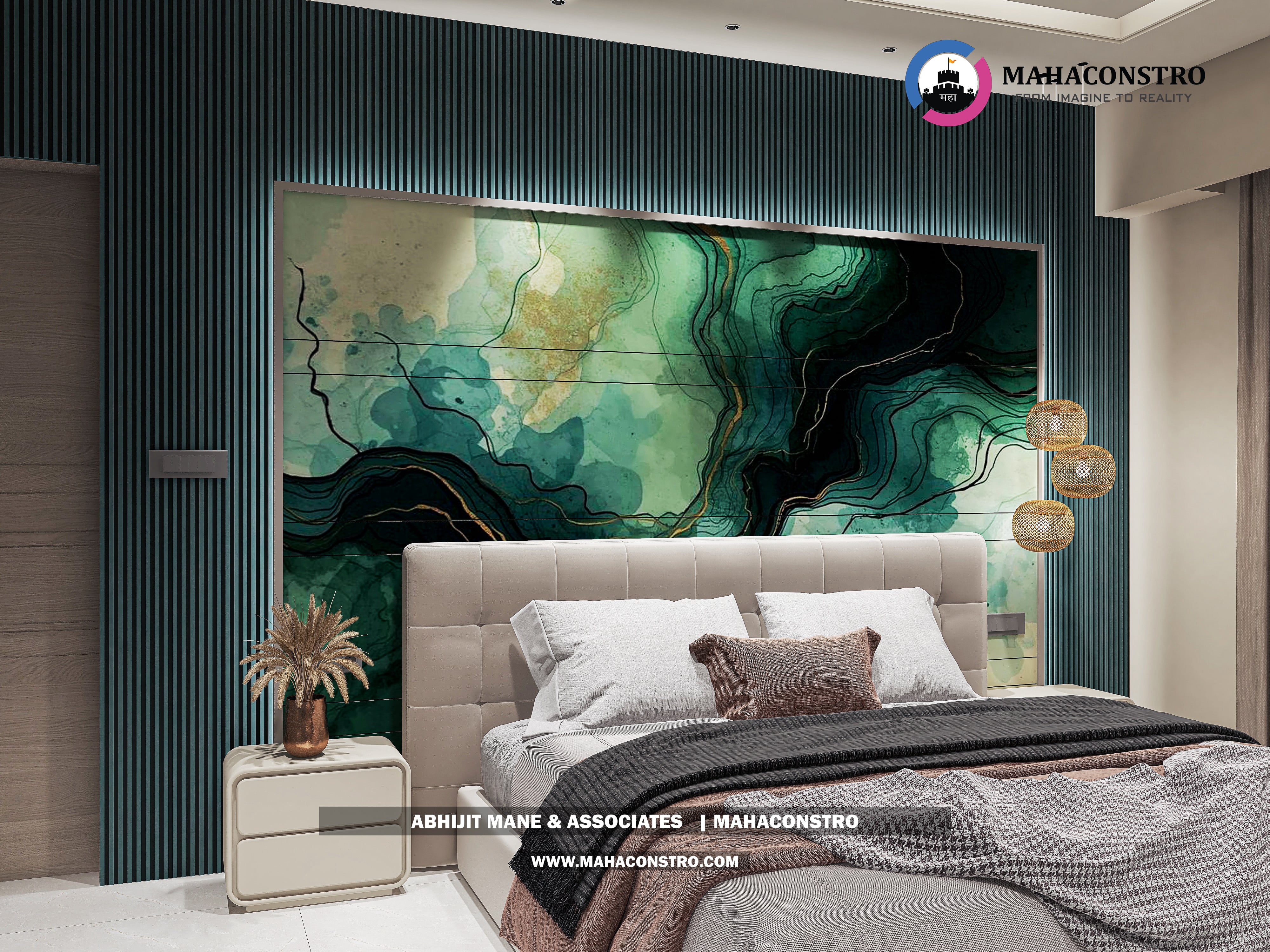 Ultra-luxury bungalow living room in Bhimanagar, Solapur, featuring a double-height space, teal sofas, and a custom television wall by Mahaconstro Architects