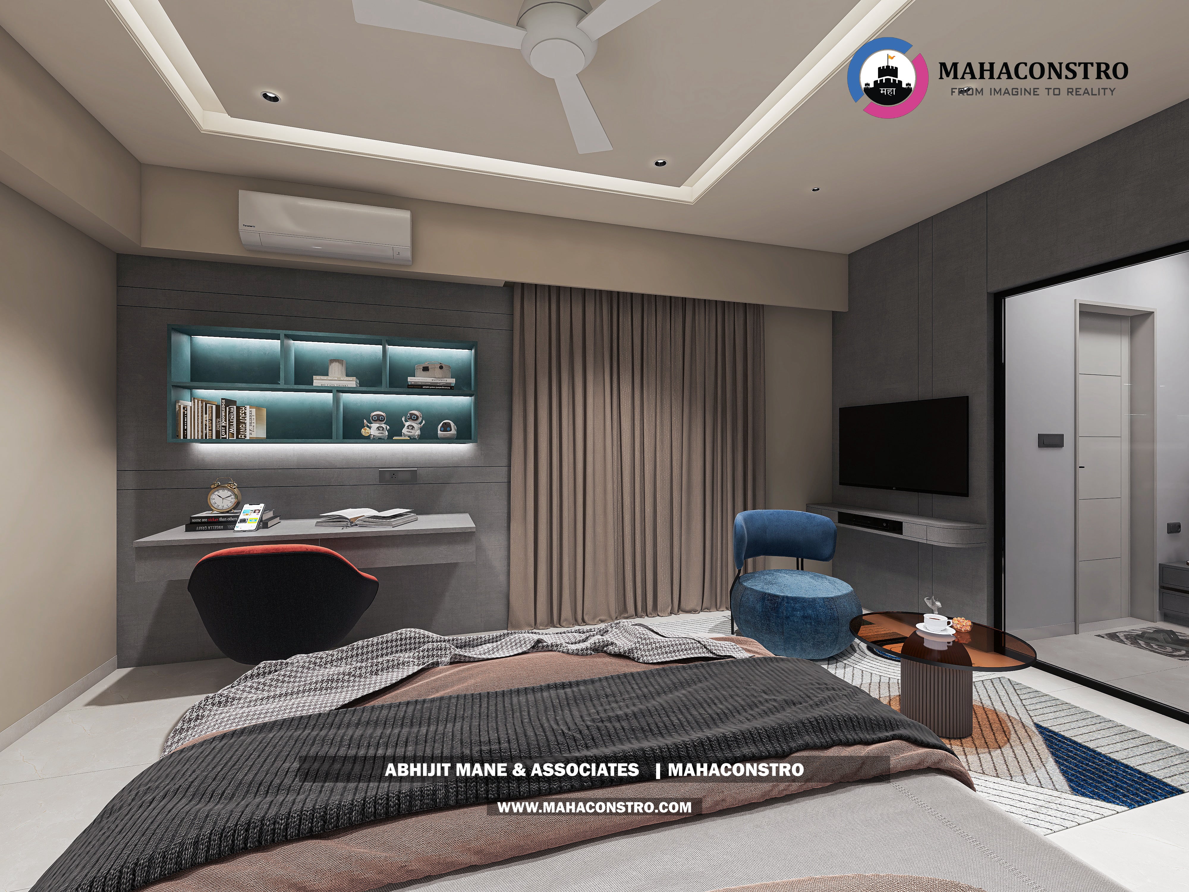 Ultra-luxury bungalow living room in Bhimanagar, Solapur, featuring a double-height space, teal sofas, and a custom television wall by Mahaconstro Architects
