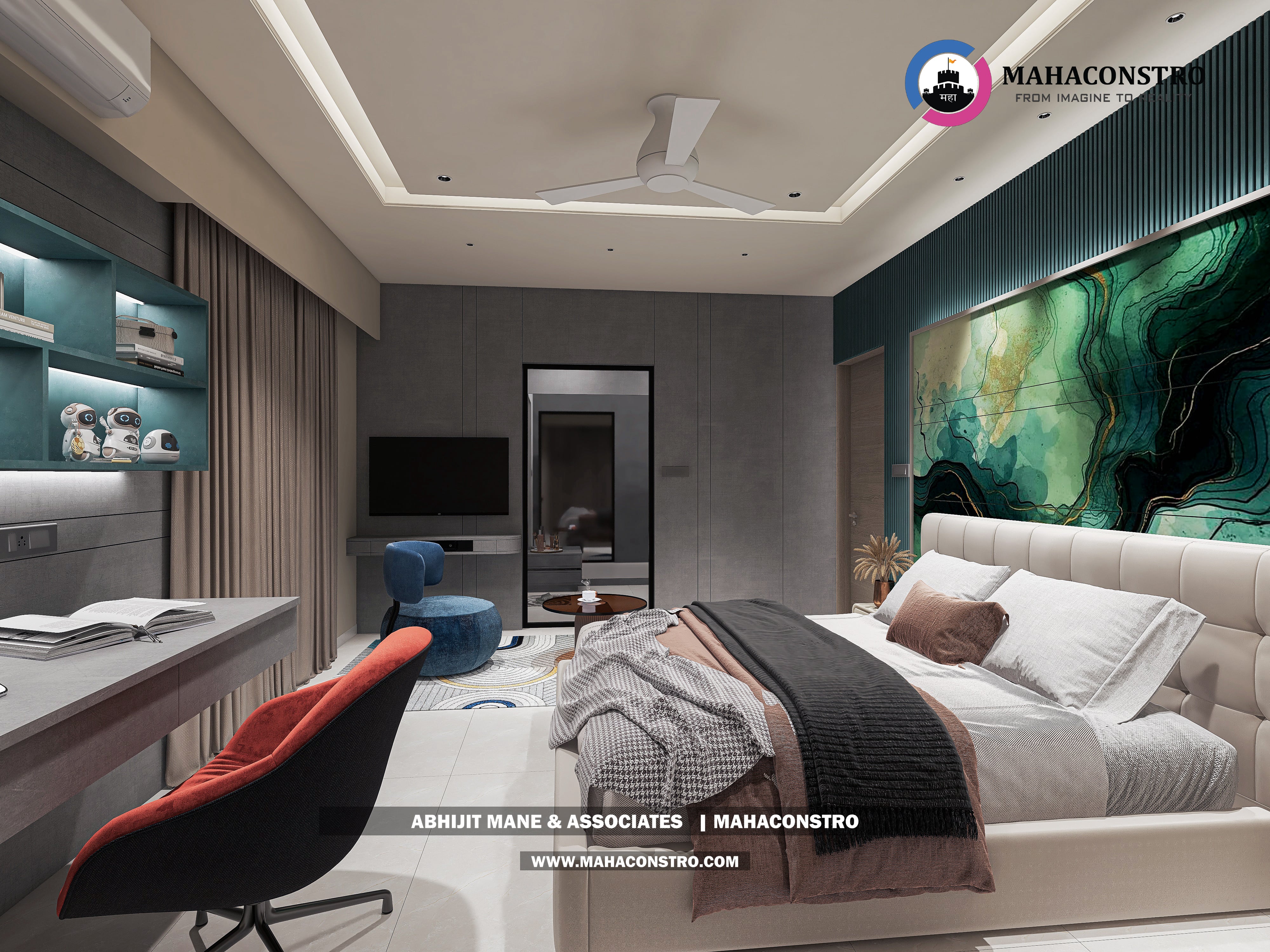 Ultra-luxury bungalow living room in Bhimanagar, Solapur, featuring a double-height space, teal sofas, and a custom television wall by Mahaconstro Architects