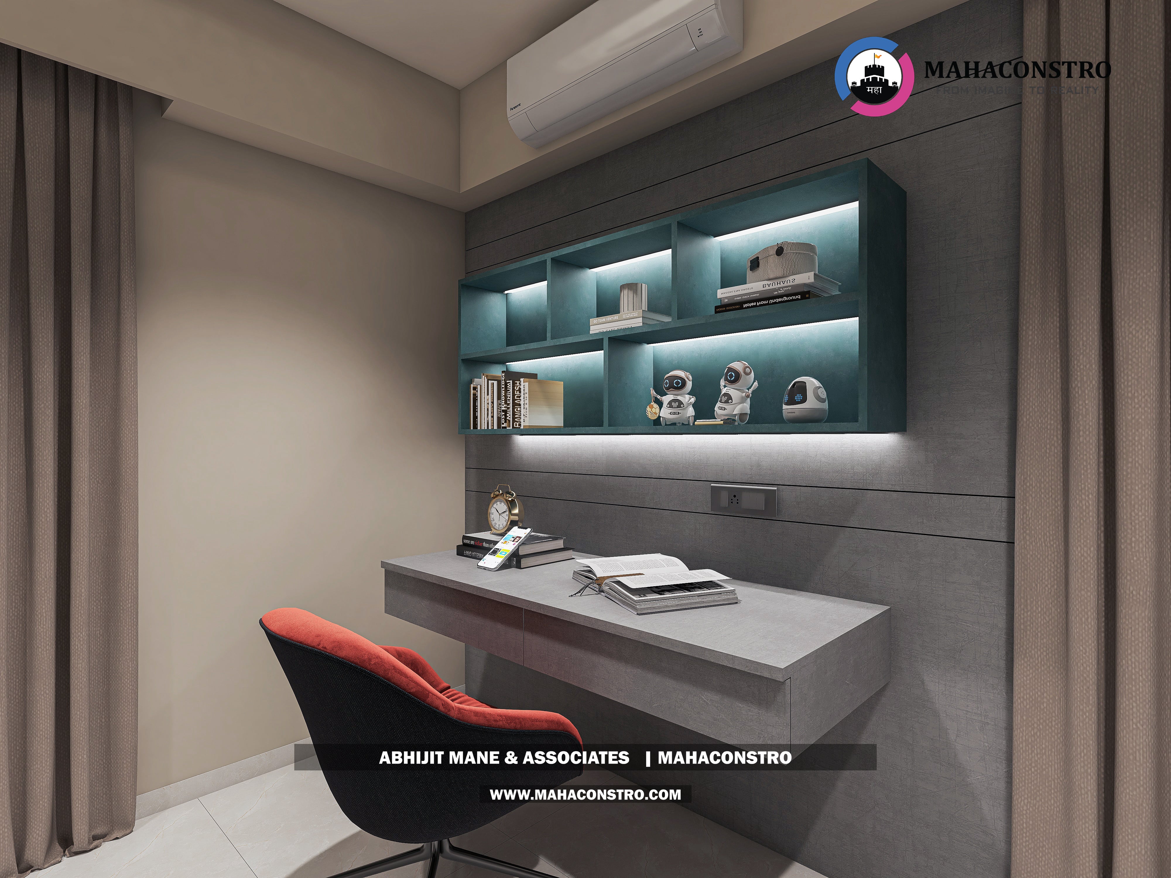 Ultra-luxury bungalow living room in Bhimanagar, Solapur, featuring a double-height space, teal sofas, and a custom television wall by Mahaconstro Architects