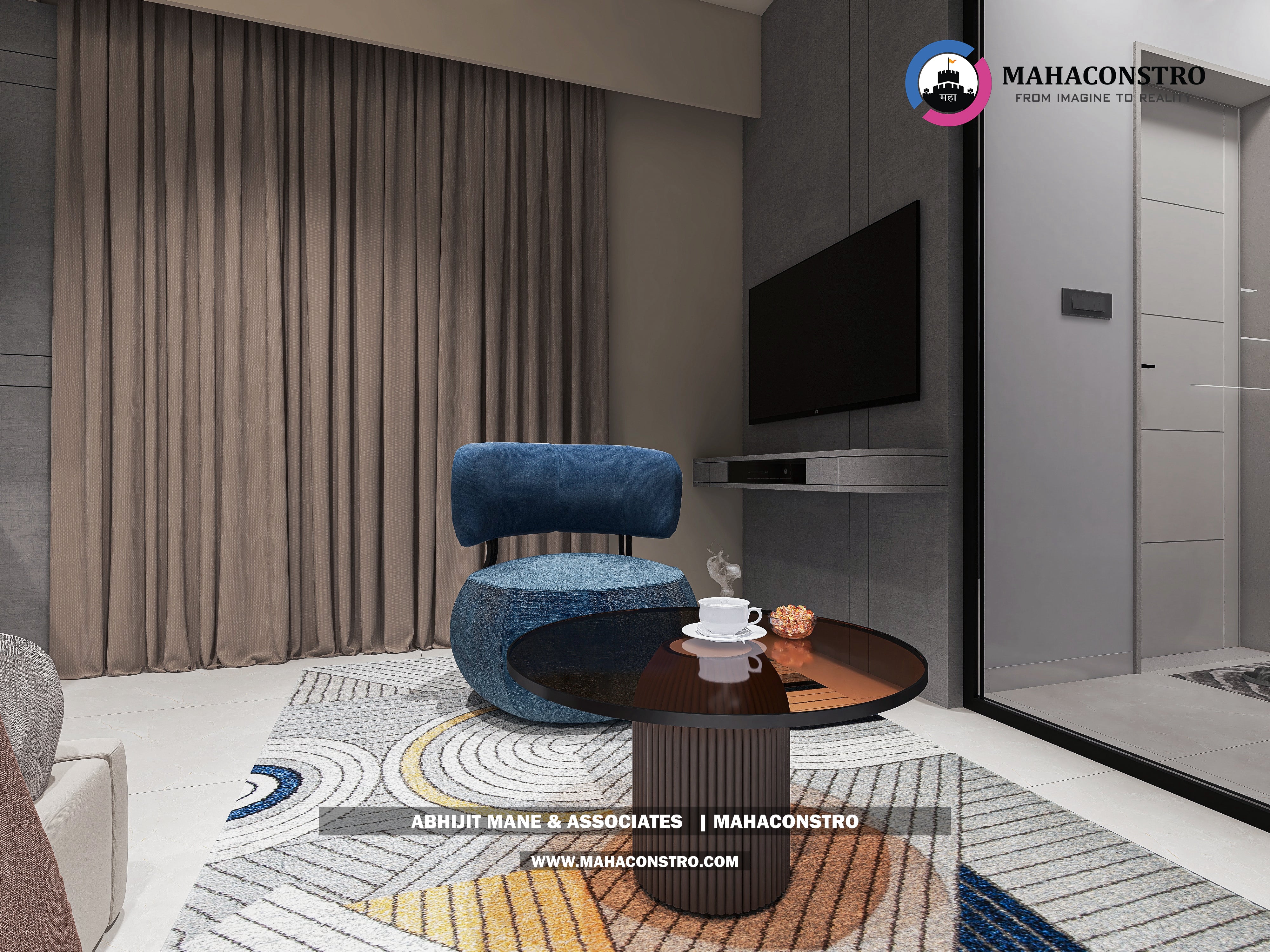 Ultra-luxury bungalow living room in Bhimanagar, Solapur, featuring a double-height space, teal sofas, and a custom television wall by Mahaconstro Architects