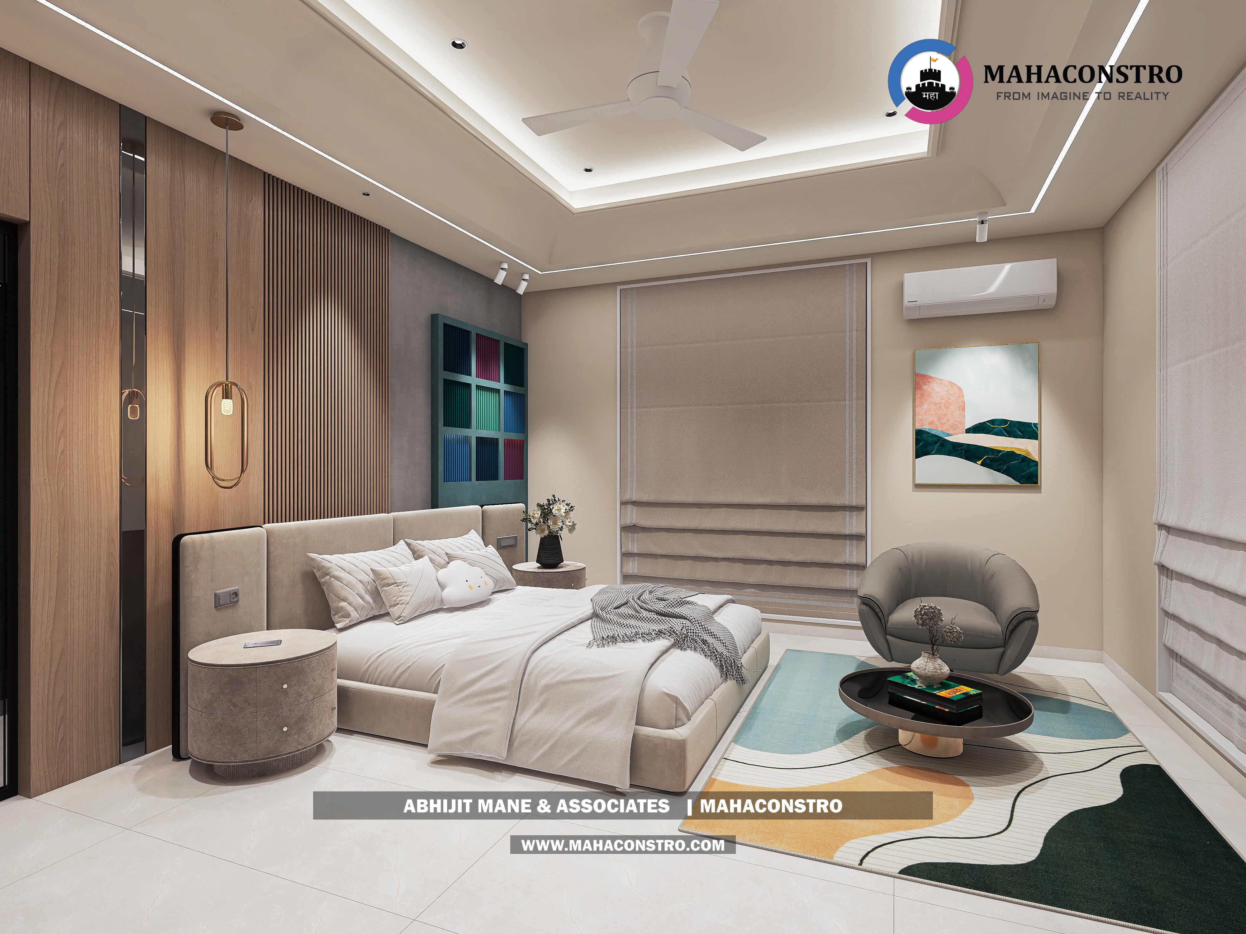 Ultra-luxury bungalow living room in Bhimanagar, Solapur, featuring a double-height space, teal sofas, and a custom television wall by Mahaconstro Architects