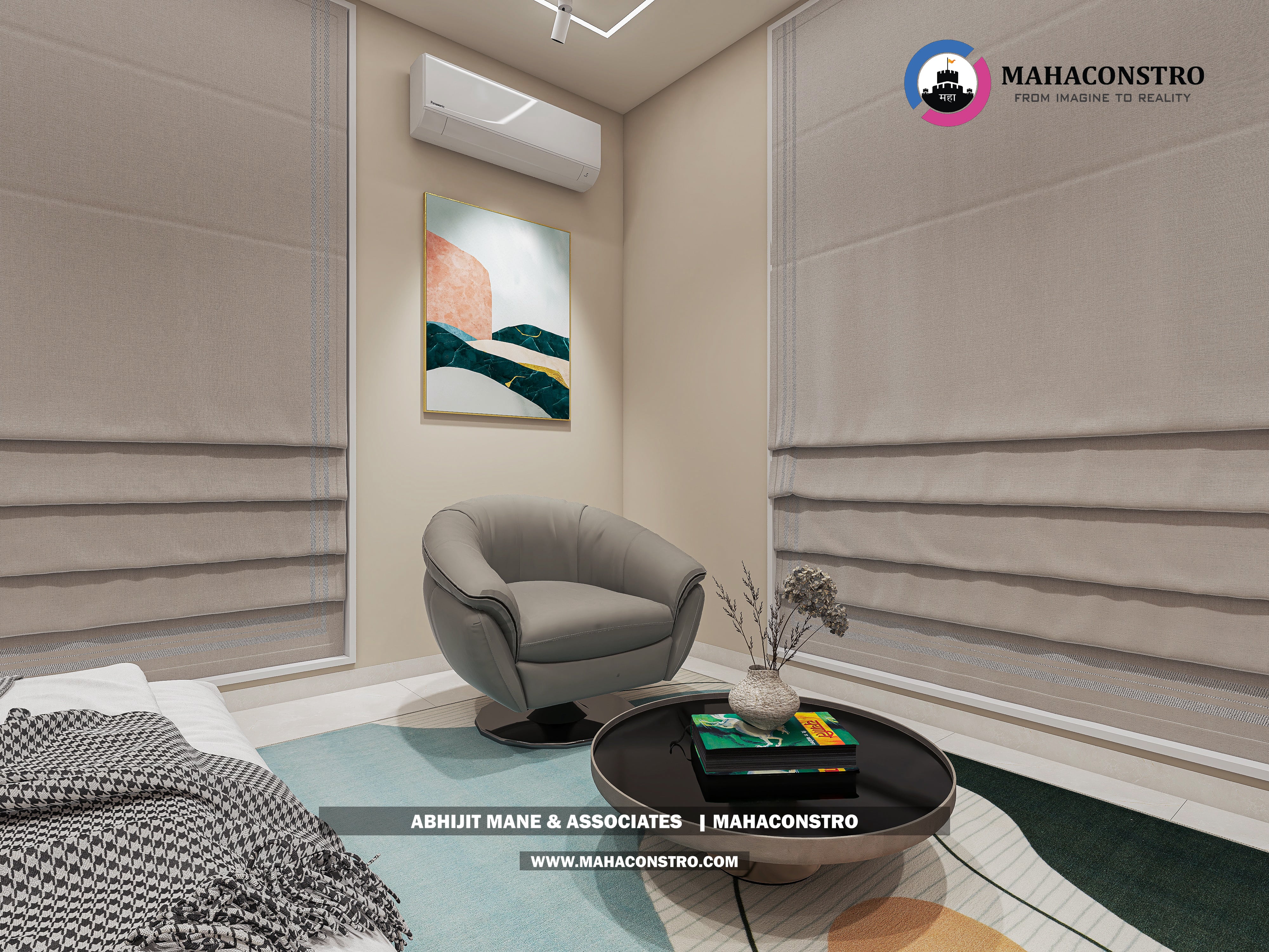 Ultra-luxury bungalow living room in Bhimanagar, Solapur, featuring a double-height space, teal sofas, and a custom television wall by Mahaconstro Architects