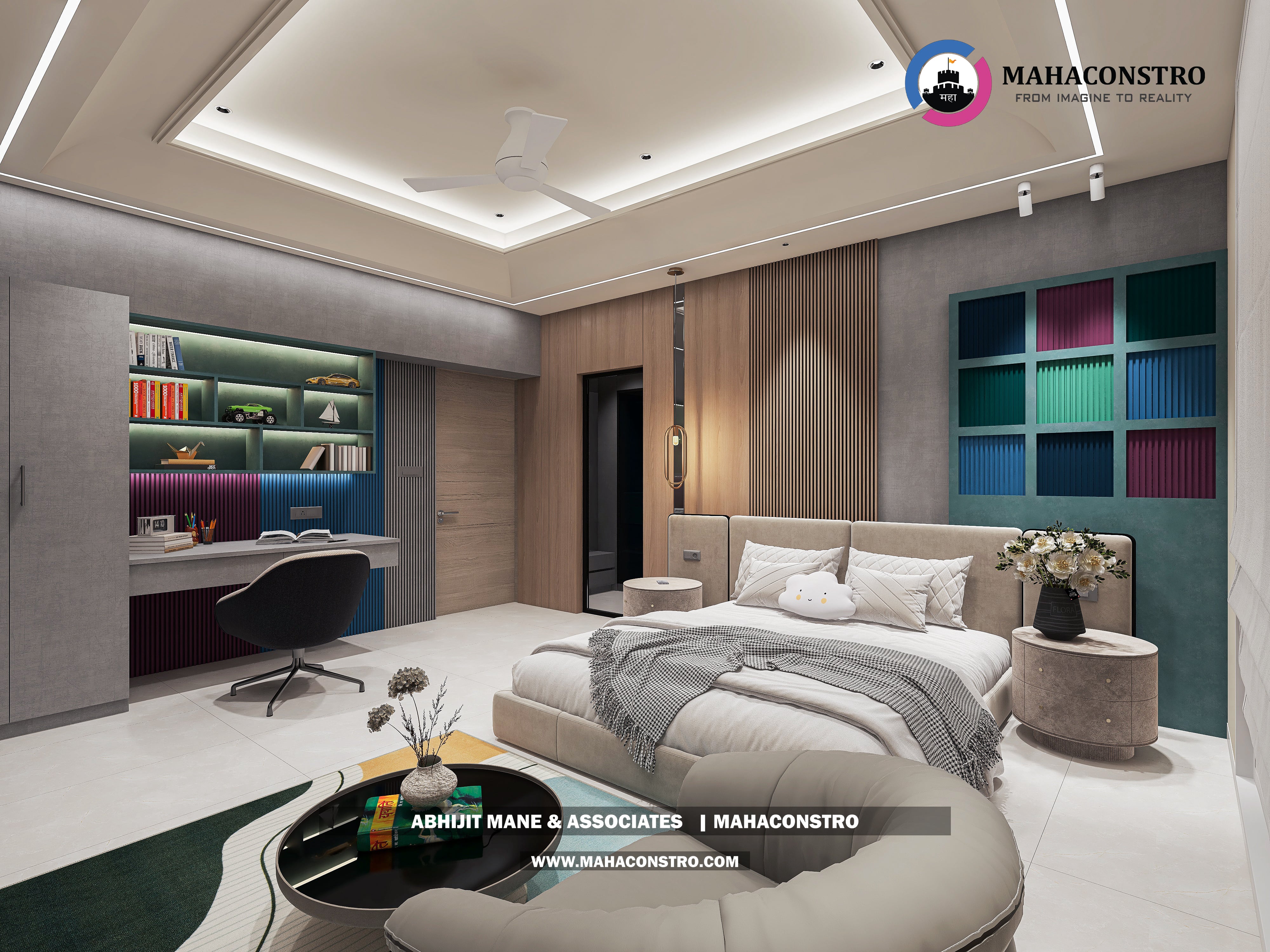 Ultra-luxury bungalow living room in Bhimanagar, Solapur, featuring a double-height space, teal sofas, and a custom television wall by Mahaconstro Architects