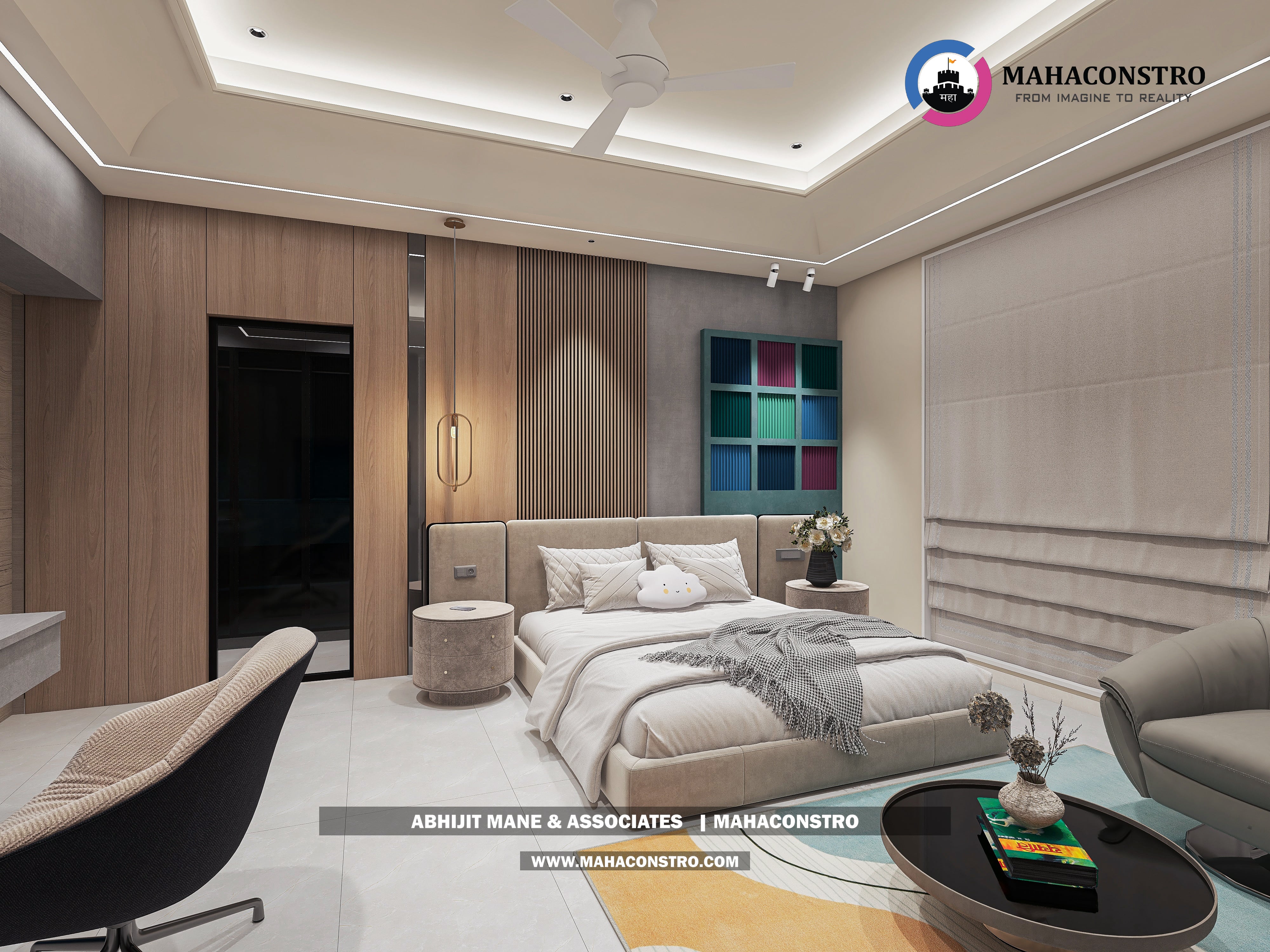 Ultra-luxury bungalow living room in Bhimanagar, Solapur, featuring a double-height space, teal sofas, and a custom television wall by Mahaconstro Architects