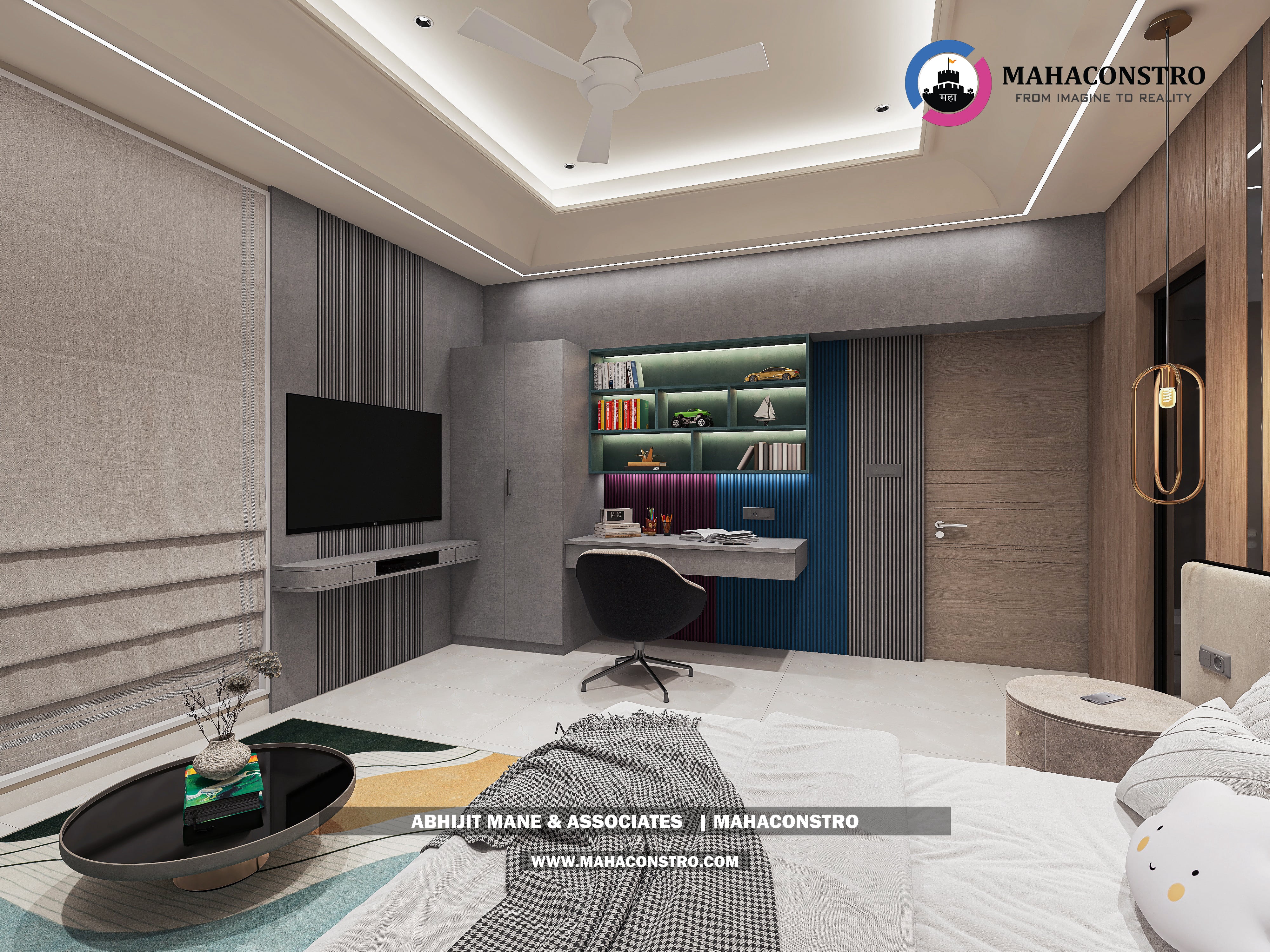 Ultra-luxury bungalow living room in Bhimanagar, Solapur, featuring a double-height space, teal sofas, and a custom television wall by Mahaconstro Architects