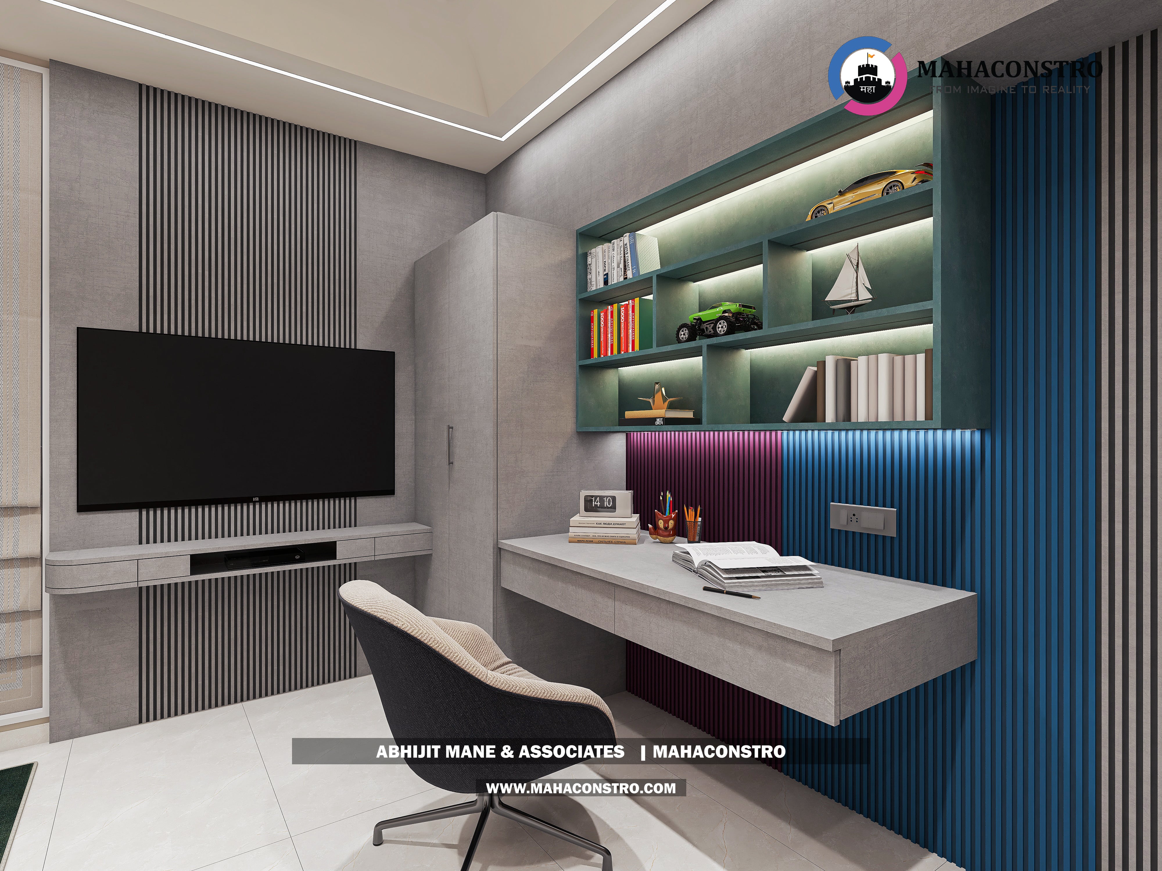 Ultra-luxury bungalow living room in Bhimanagar, Solapur, featuring a double-height space, teal sofas, and a custom television wall by Mahaconstro Architects
