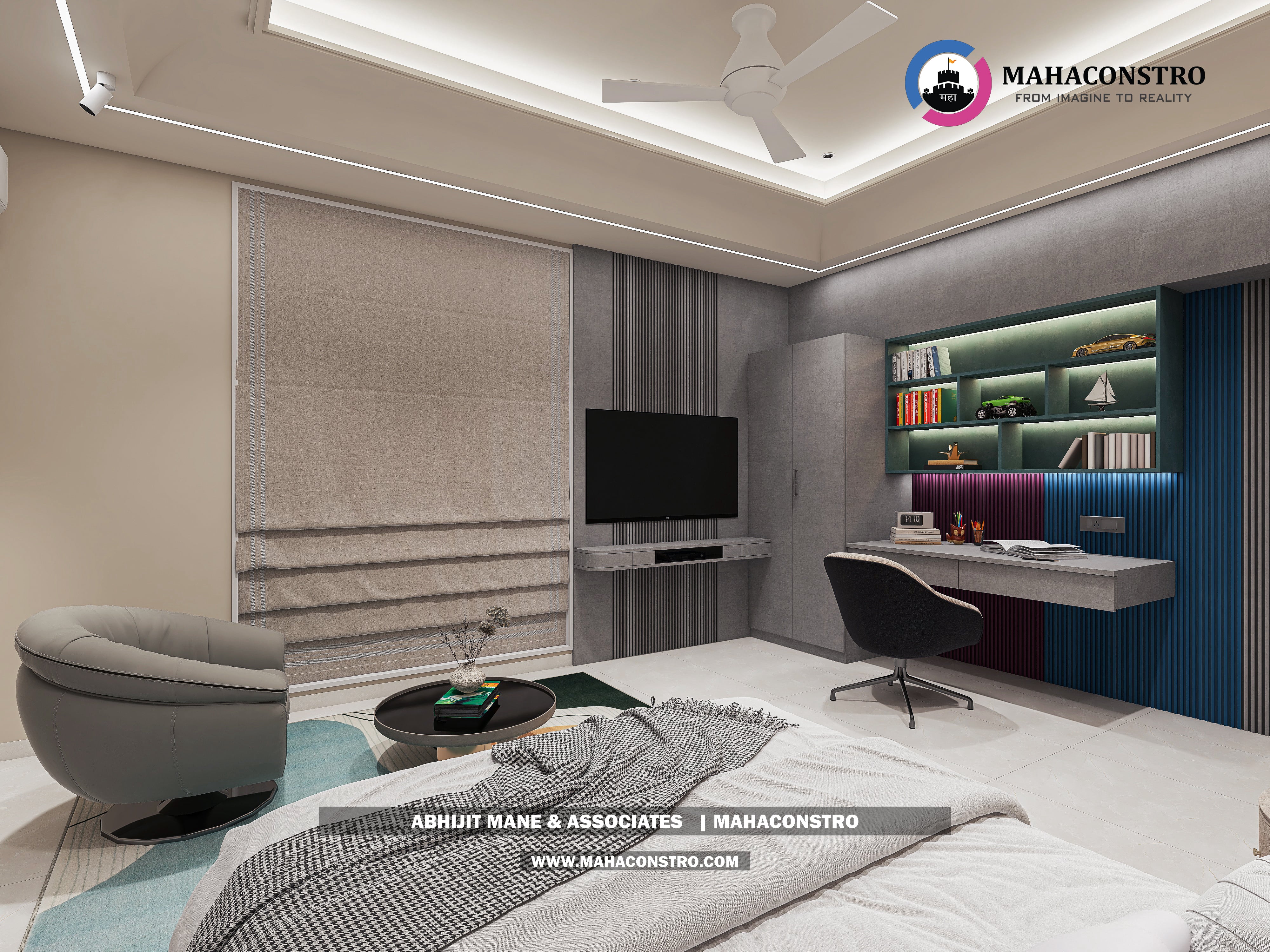 Ultra-luxury bungalow living room in Bhimanagar, Solapur, featuring a double-height space, teal sofas, and a custom television wall by Mahaconstro Architects