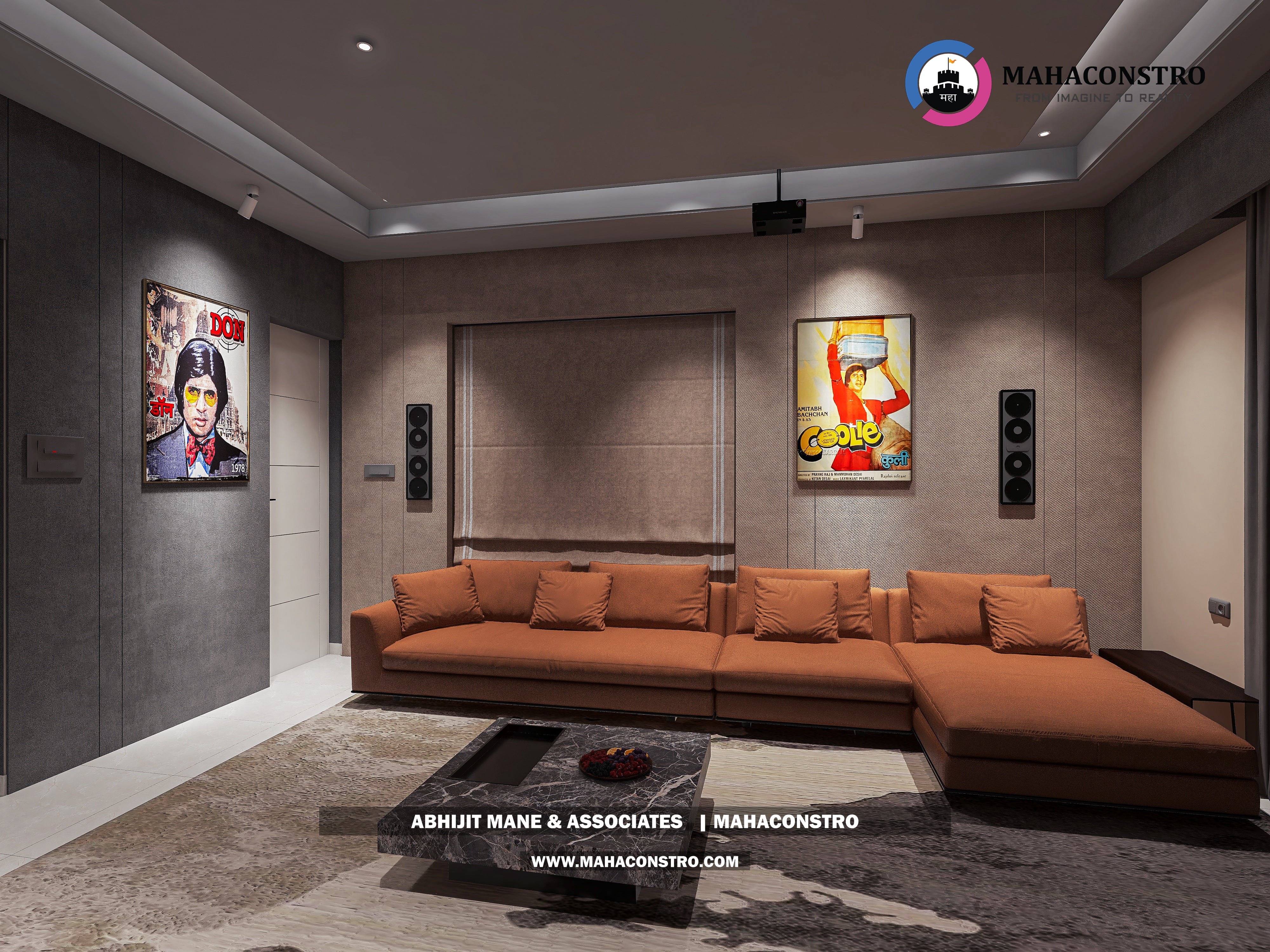 Ultra-luxury bungalow living room in Bhimanagar, Solapur, featuring a double-height space, teal sofas, and a custom television wall by Mahaconstro Architects