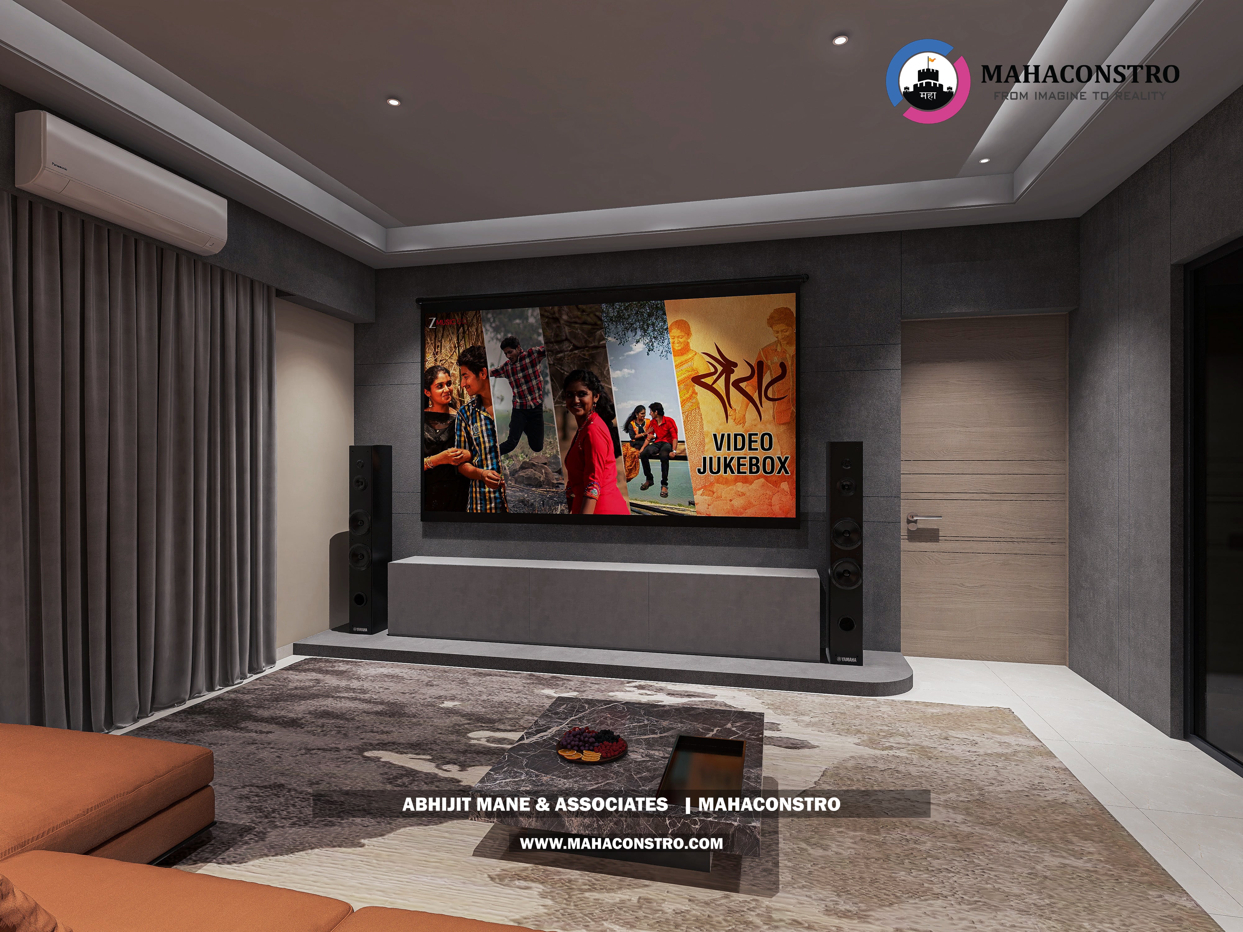 Ultra-luxury bungalow living room in Bhimanagar, Solapur, featuring a double-height space, teal sofas, and a custom television wall by Mahaconstro Architects