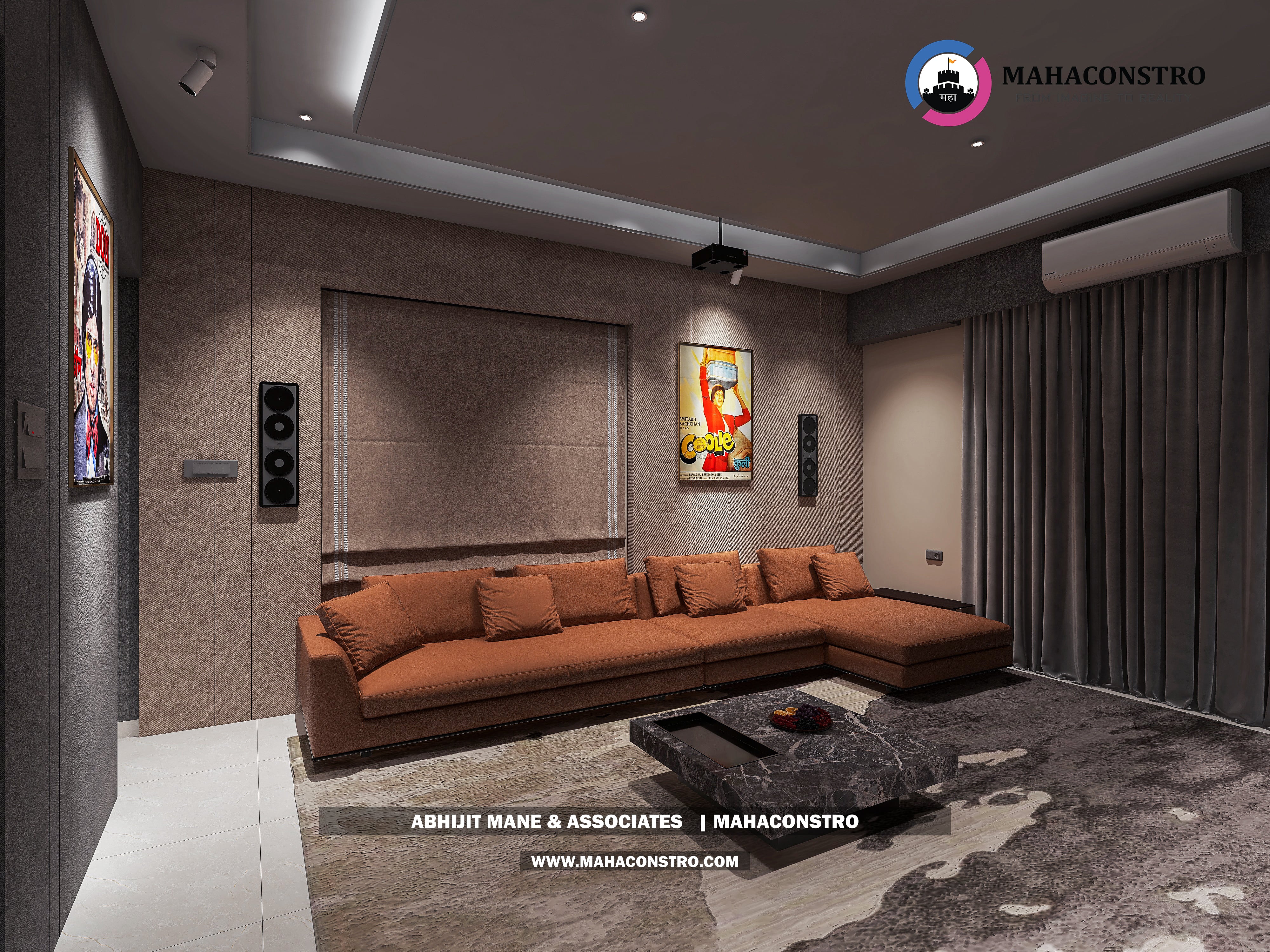 Ultra-luxury bungalow living room in Bhimanagar, Solapur, featuring a double-height space, teal sofas, and a custom television wall by Mahaconstro Architects