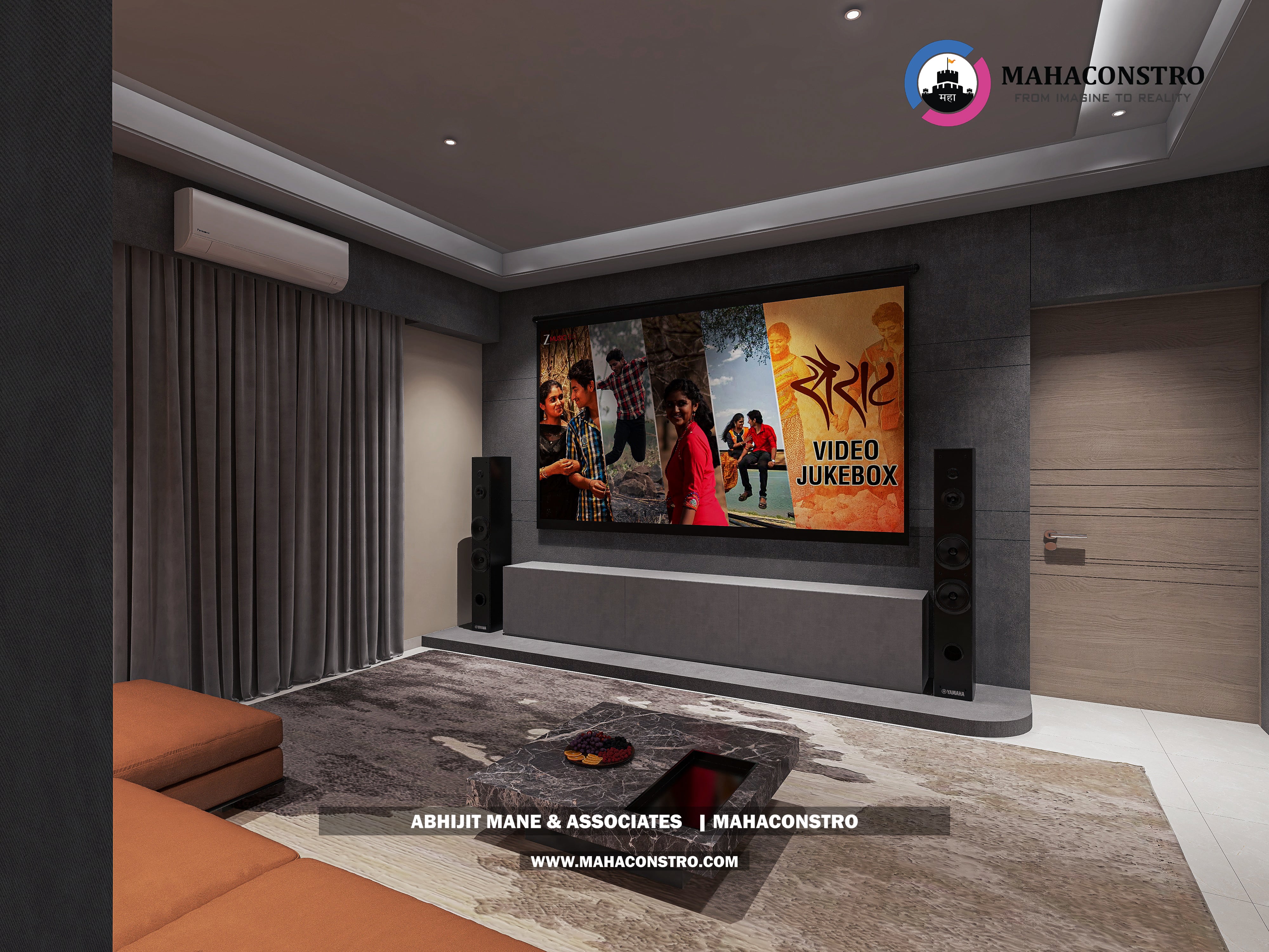 Ultra-luxury bungalow living room in Bhimanagar, Solapur, featuring a double-height space, teal sofas, and a custom television wall by Mahaconstro Architects