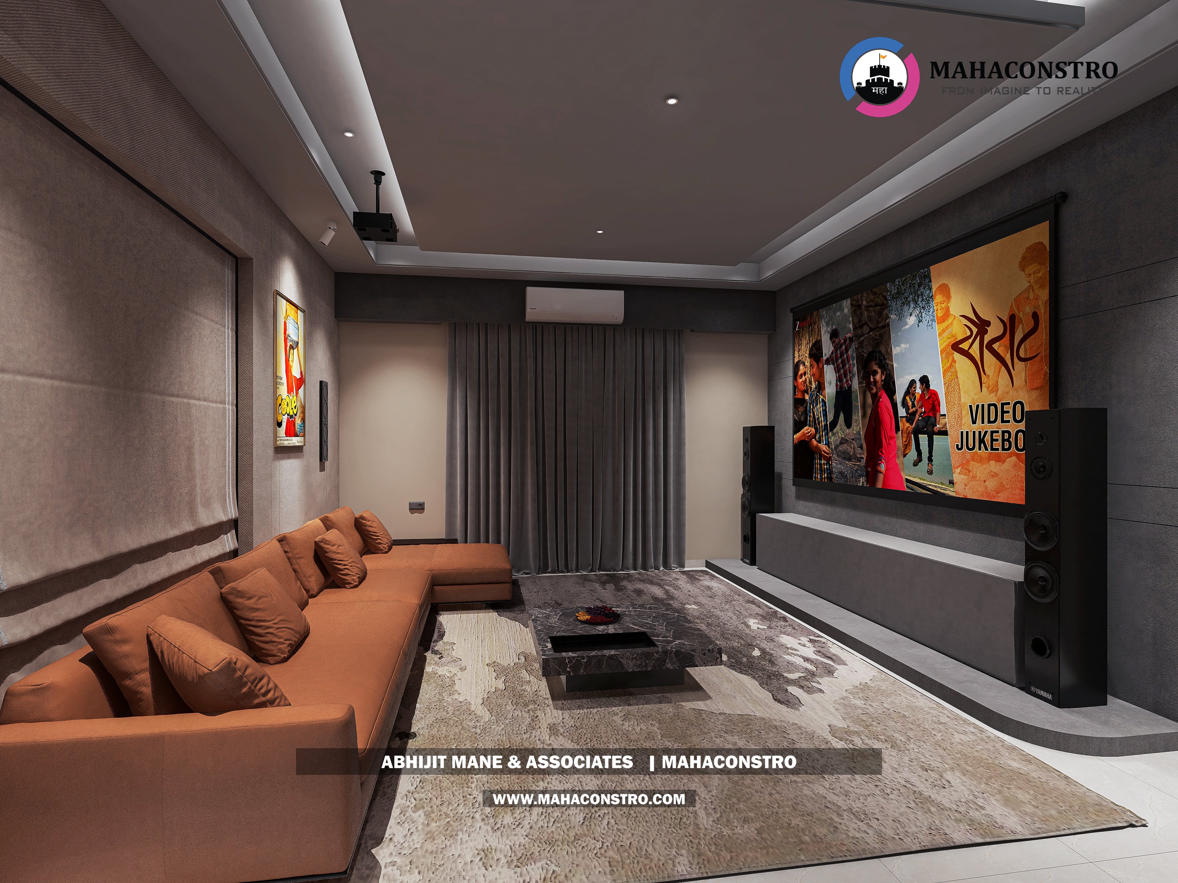Ultra-luxury bungalow living room in Bhimanagar, Solapur, featuring a double-height space, teal sofas, and a custom television wall by Mahaconstro Architects
