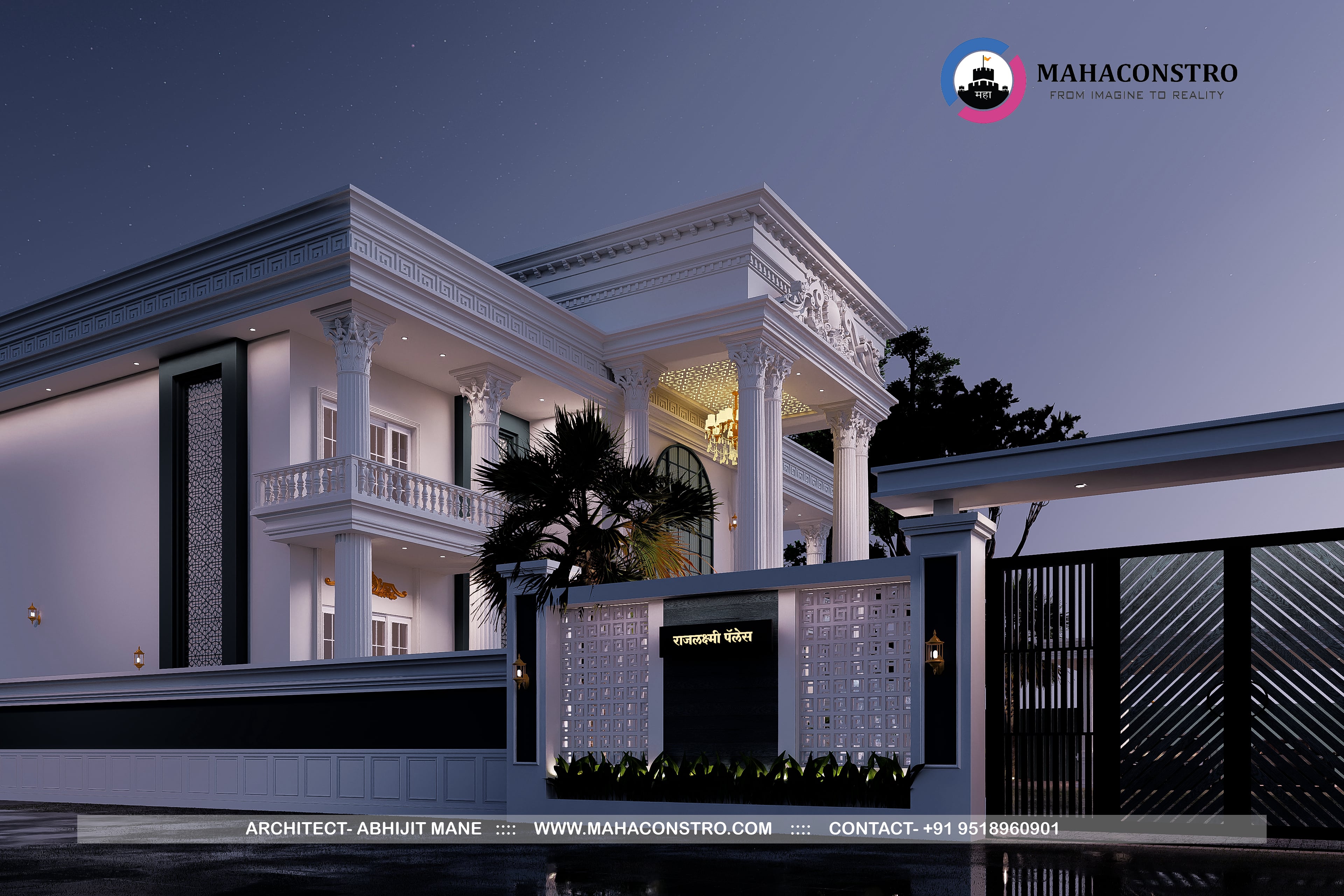 Ultra-luxury neo-classical bungalow, Rajlakshami Palace, featuring grand columns, ornate architectural detailing, and a formal entrance designed by Mahaconstro Architects.